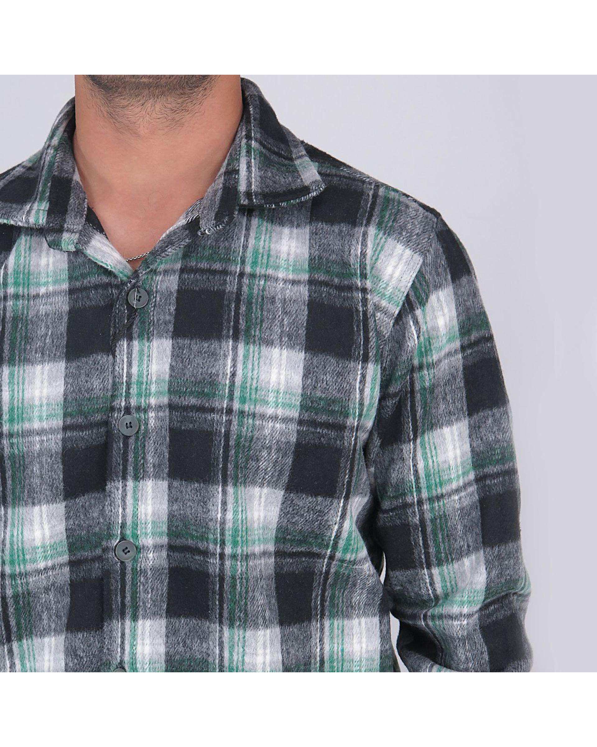 پیراهن مردانه سایز بزرگ پشمی چهارخانه طوسی سبز یوسف Yoosef کد 302064