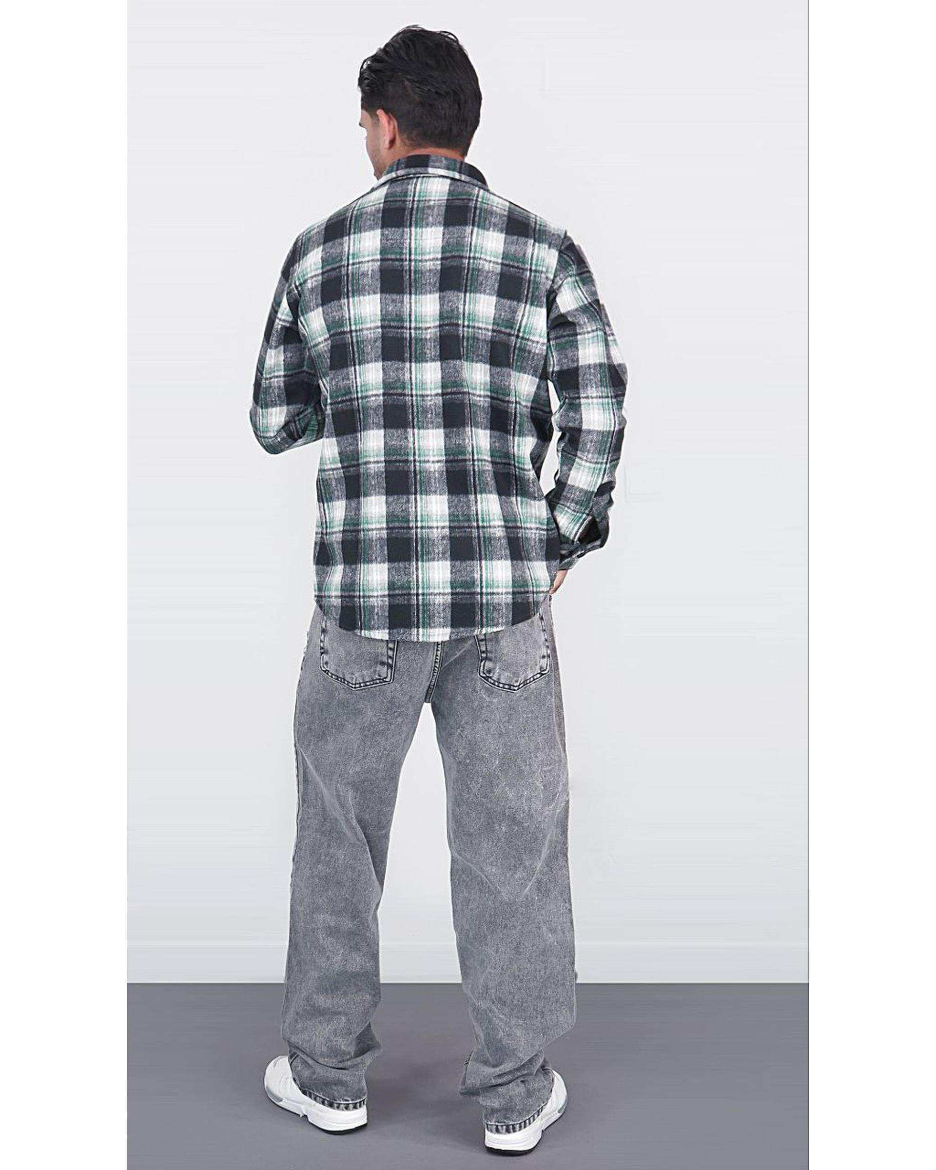 پیراهن مردانه سایز بزرگ پشمی چهارخانه طوسی سبز یوسف Yoosef کد 302064