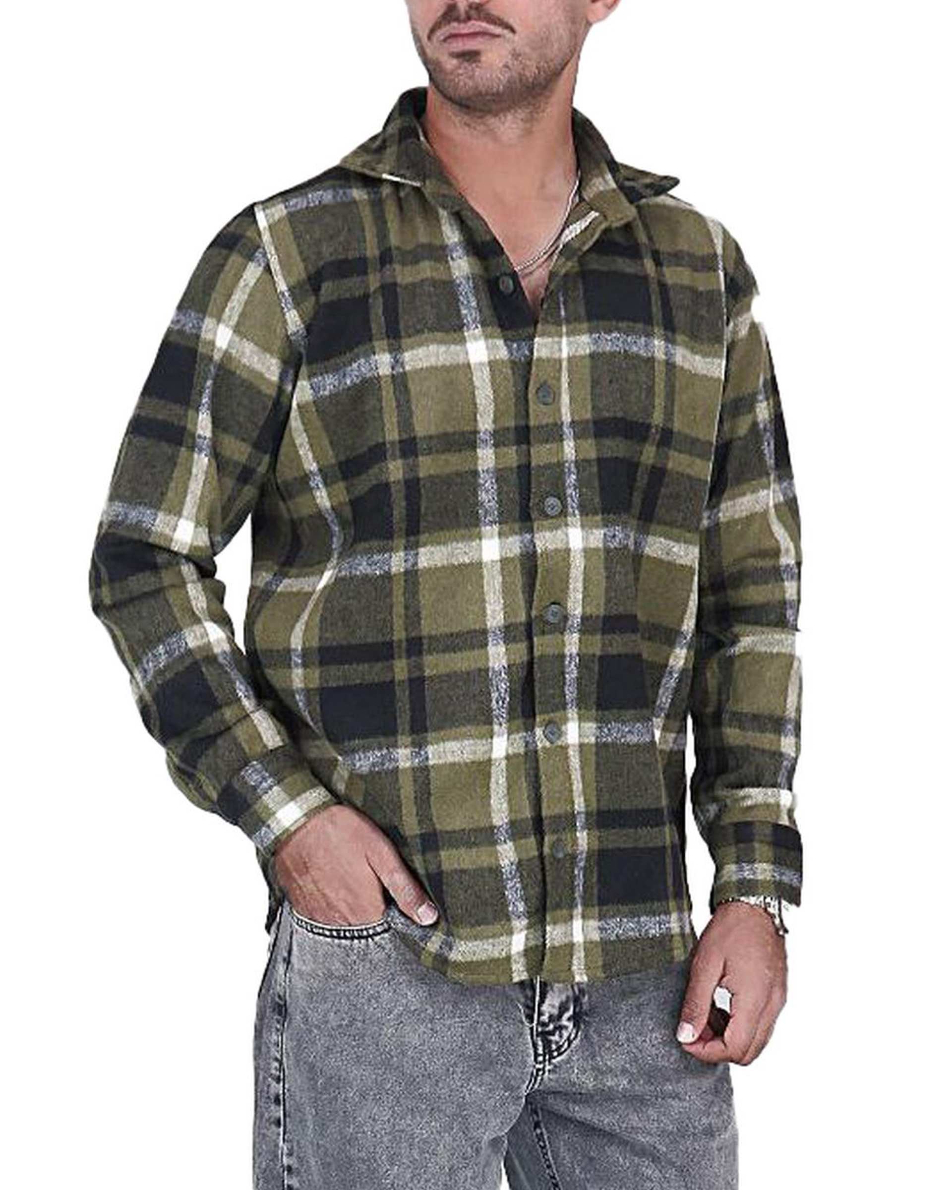 پیراهن مردانه سایز بزرگ پشمی چهارخانه سبز مشکی یوسف Yoosef کد 302064