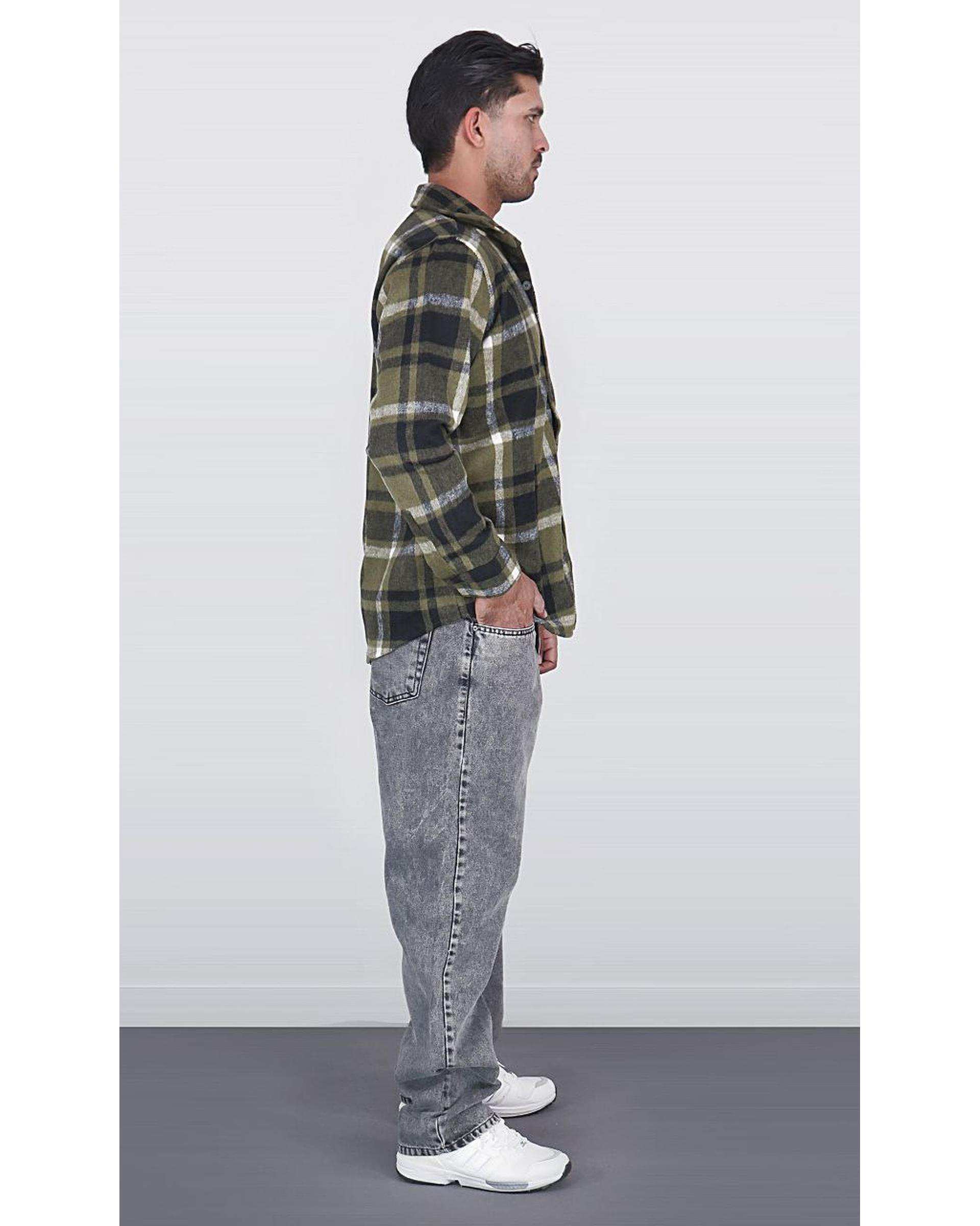 پیراهن مردانه سایز بزرگ پشمی چهارخانه سبز مشکی یوسف Yoosef کد 302064