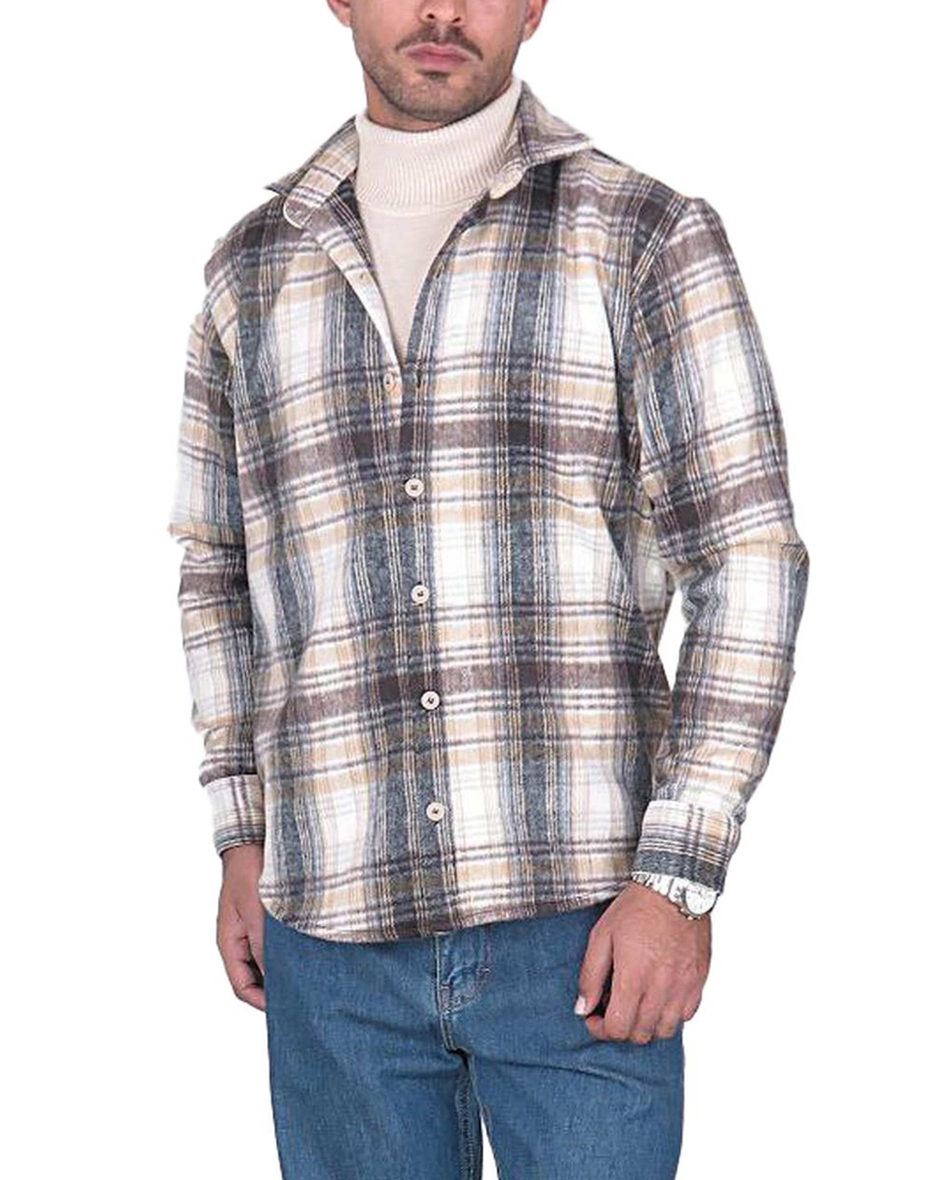 پیراهن مردانه سایز بزرگ پشمی چهارخانه کرم قهوه ای یوسف Yoosef کد 302064