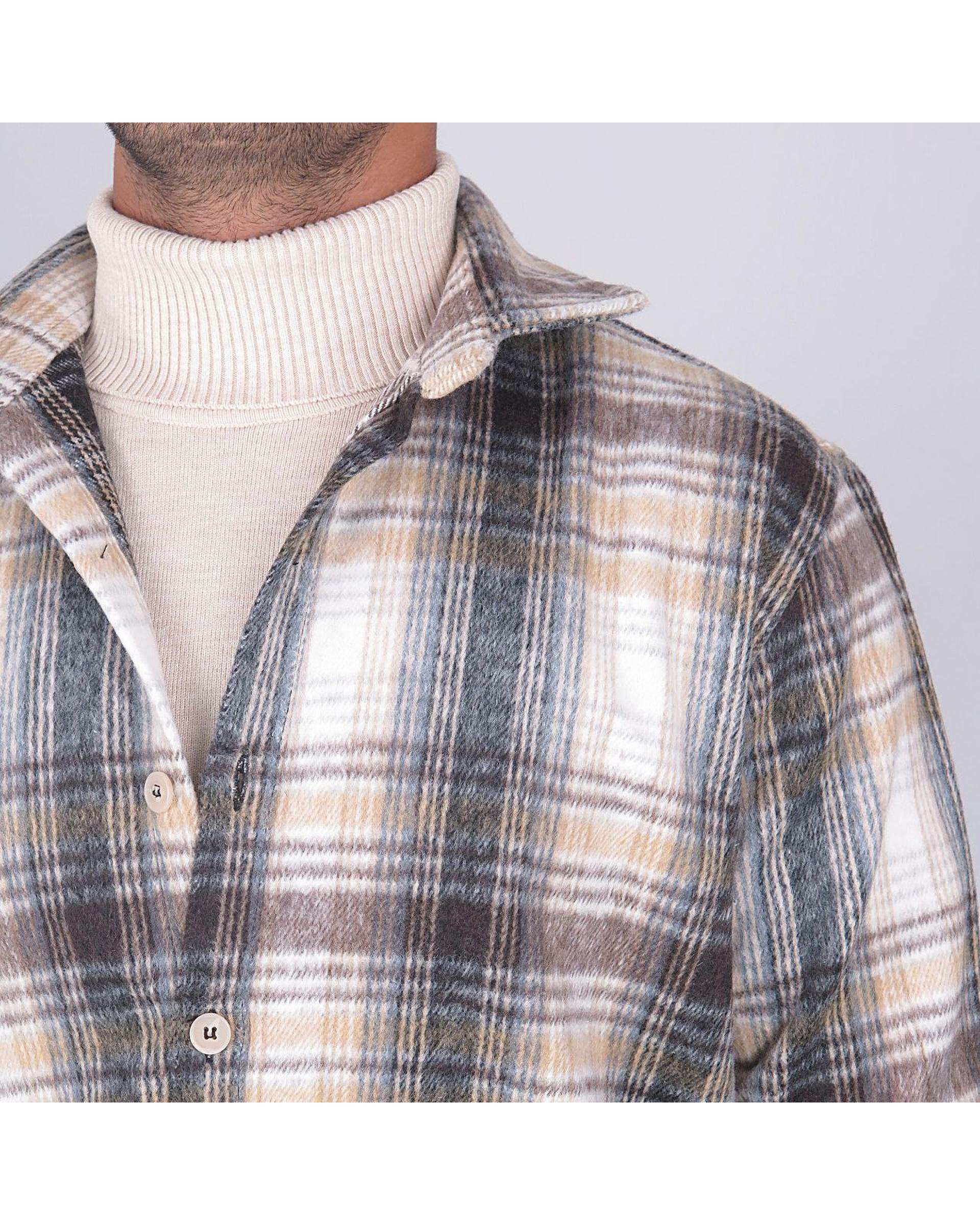 پیراهن مردانه سایز بزرگ پشمی چهارخانه کرم قهوه ای یوسف Yoosef کد 302064