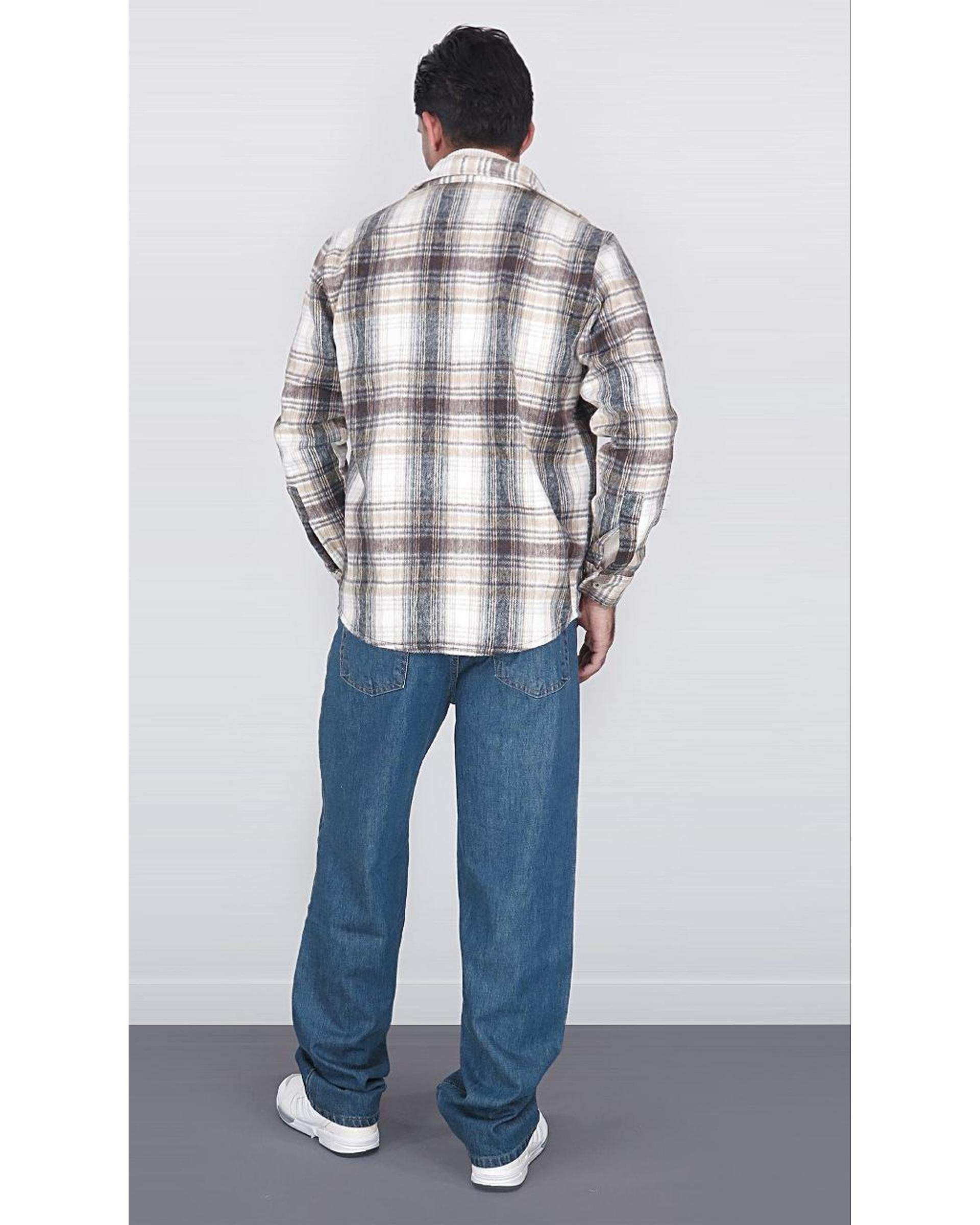 پیراهن مردانه سایز بزرگ پشمی چهارخانه کرم قهوه ای یوسف Yoosef کد 302064