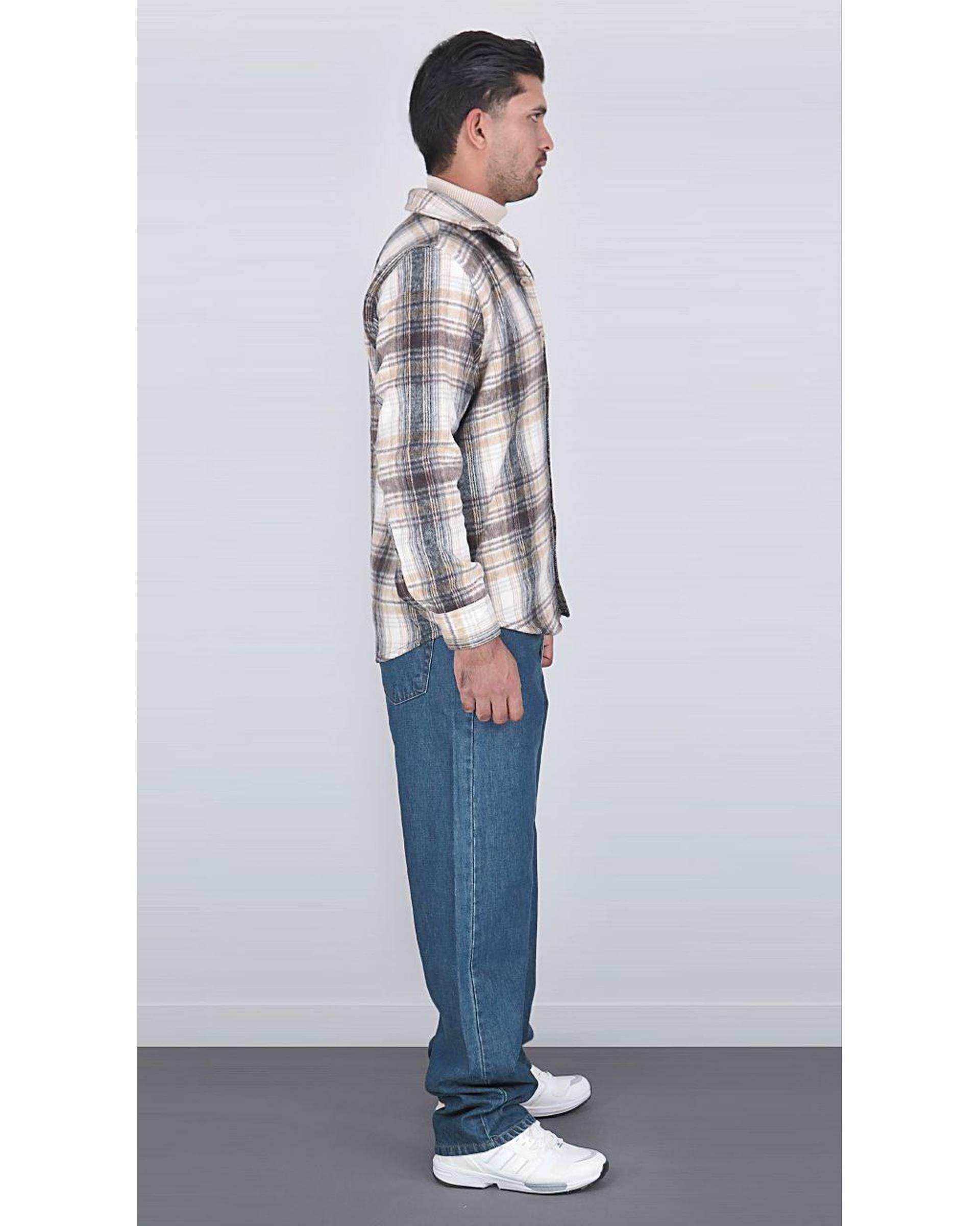 پیراهن مردانه سایز بزرگ پشمی چهارخانه کرم قهوه ای یوسف Yoosef کد 302064