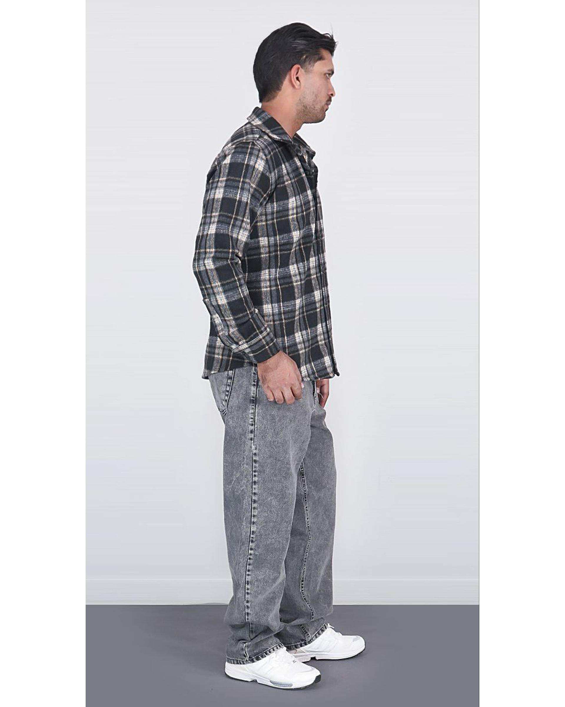 پیراهن مردانه سایز بزرگ پشمی چهارخانه مشکی زغالی یوسف Yoosef کد 302064