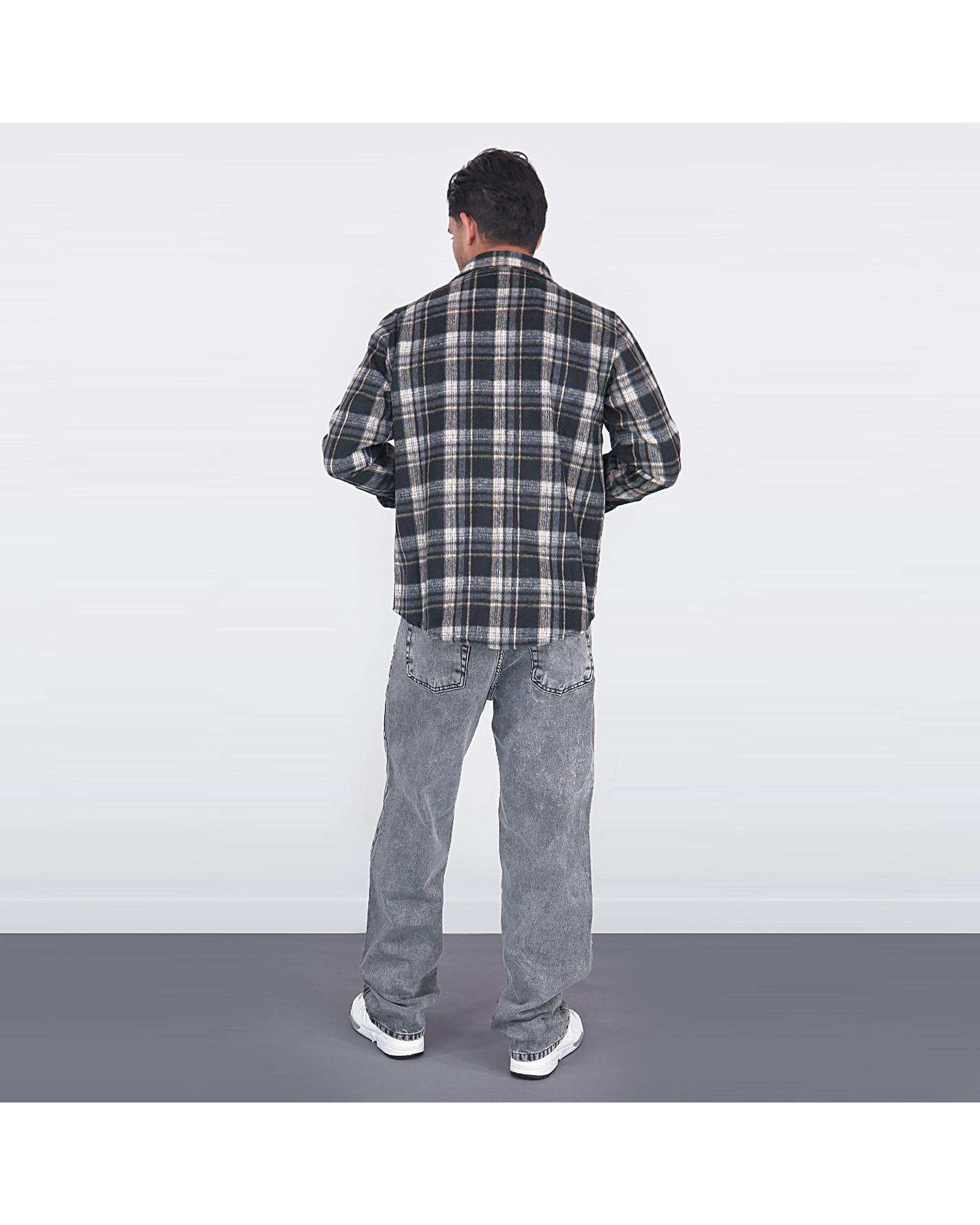 پیراهن مردانه سایز بزرگ پشمی چهارخانه مشکی زغالی یوسف Yoosef کد 302064