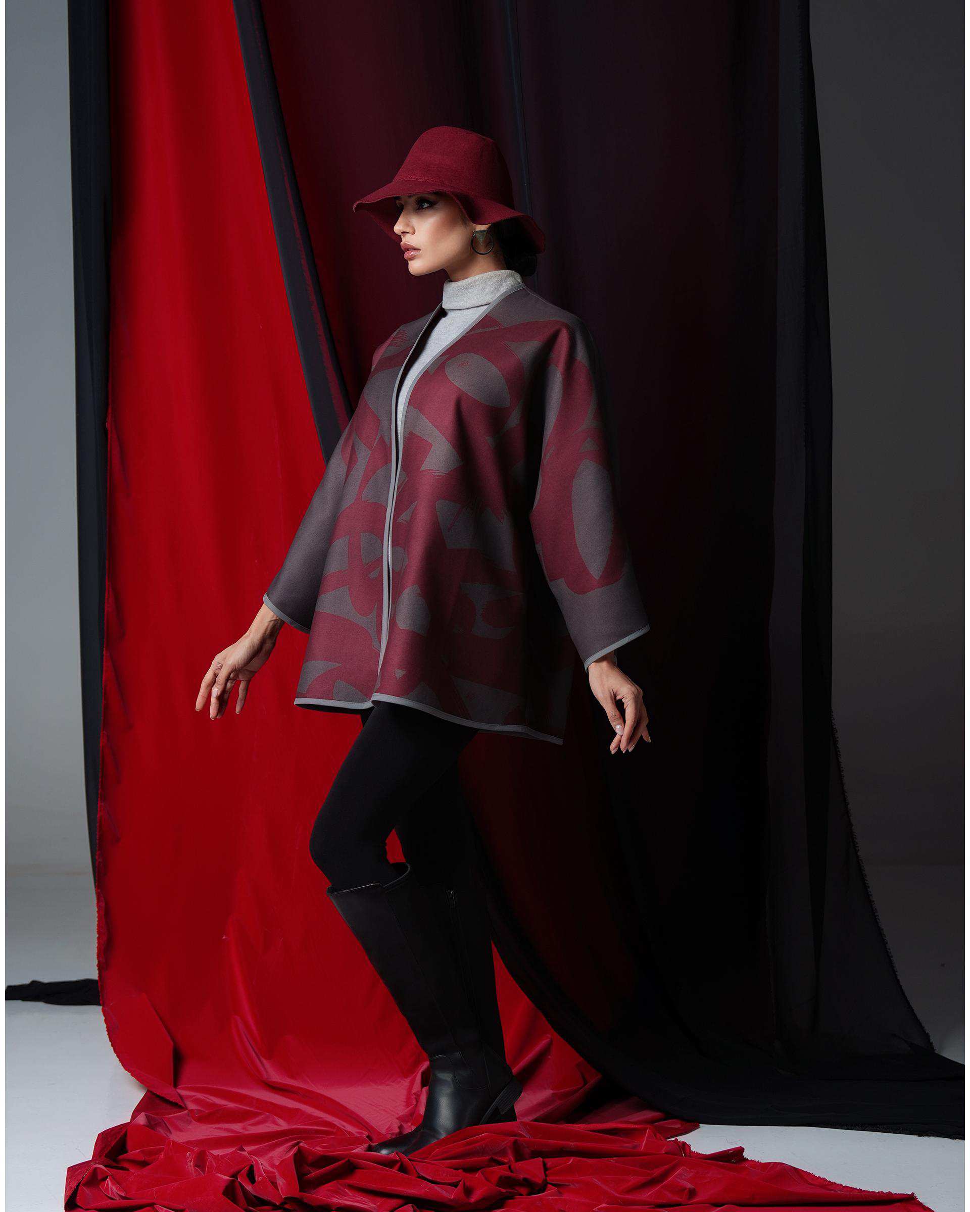 کت زنانه دورو قرمز زرشکی طاقه چیان Taghechian مدل بیتاب