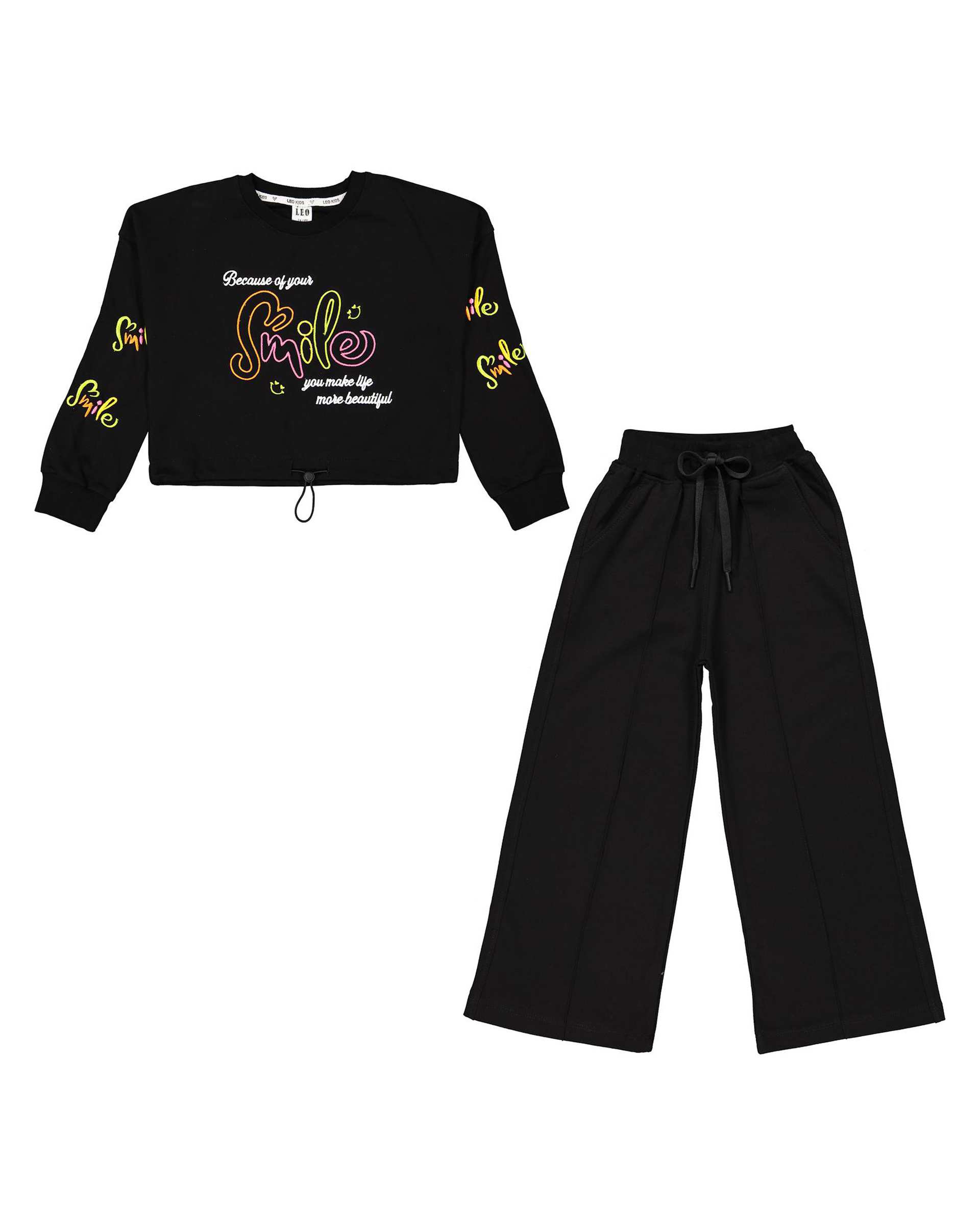 ست سویشرت و شلوار دخترانه مشکی لئو کیدز Leo Kids طرح گلدوزی اسمایل کد 6831