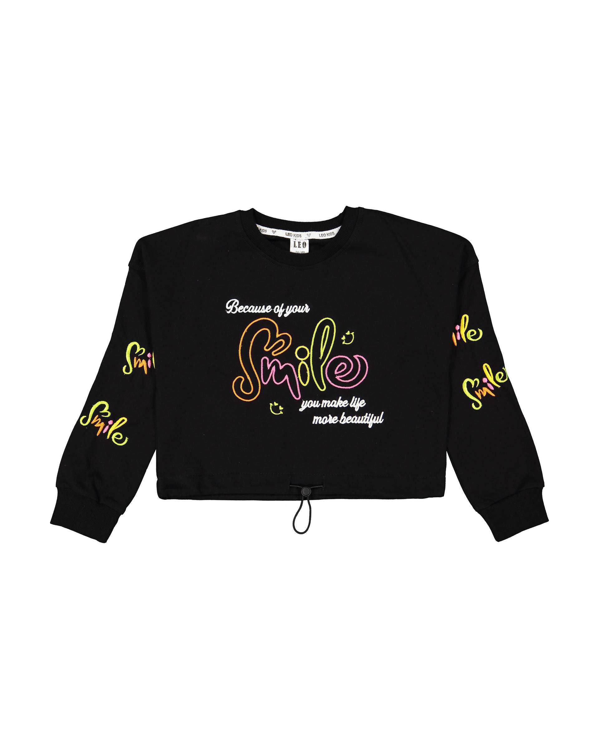 ست سویشرت و شلوار دخترانه مشکی لئو کیدز Leo Kids طرح گلدوزی اسمایل کد 6831