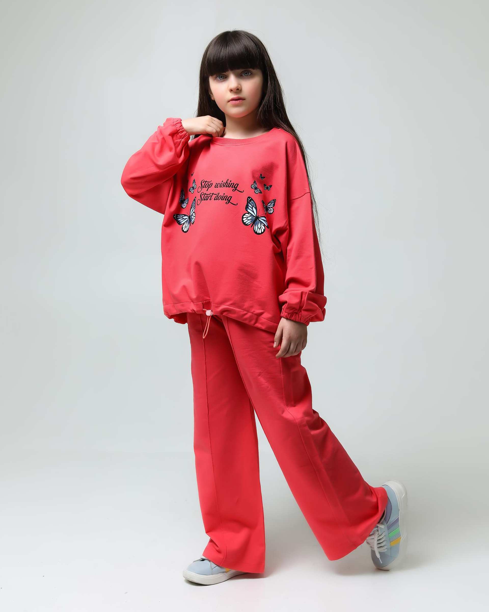 ست سویشرت و شلوار دخترانه سرخابی لئو کیدز Leo Kids طرح پروانه کد 6834