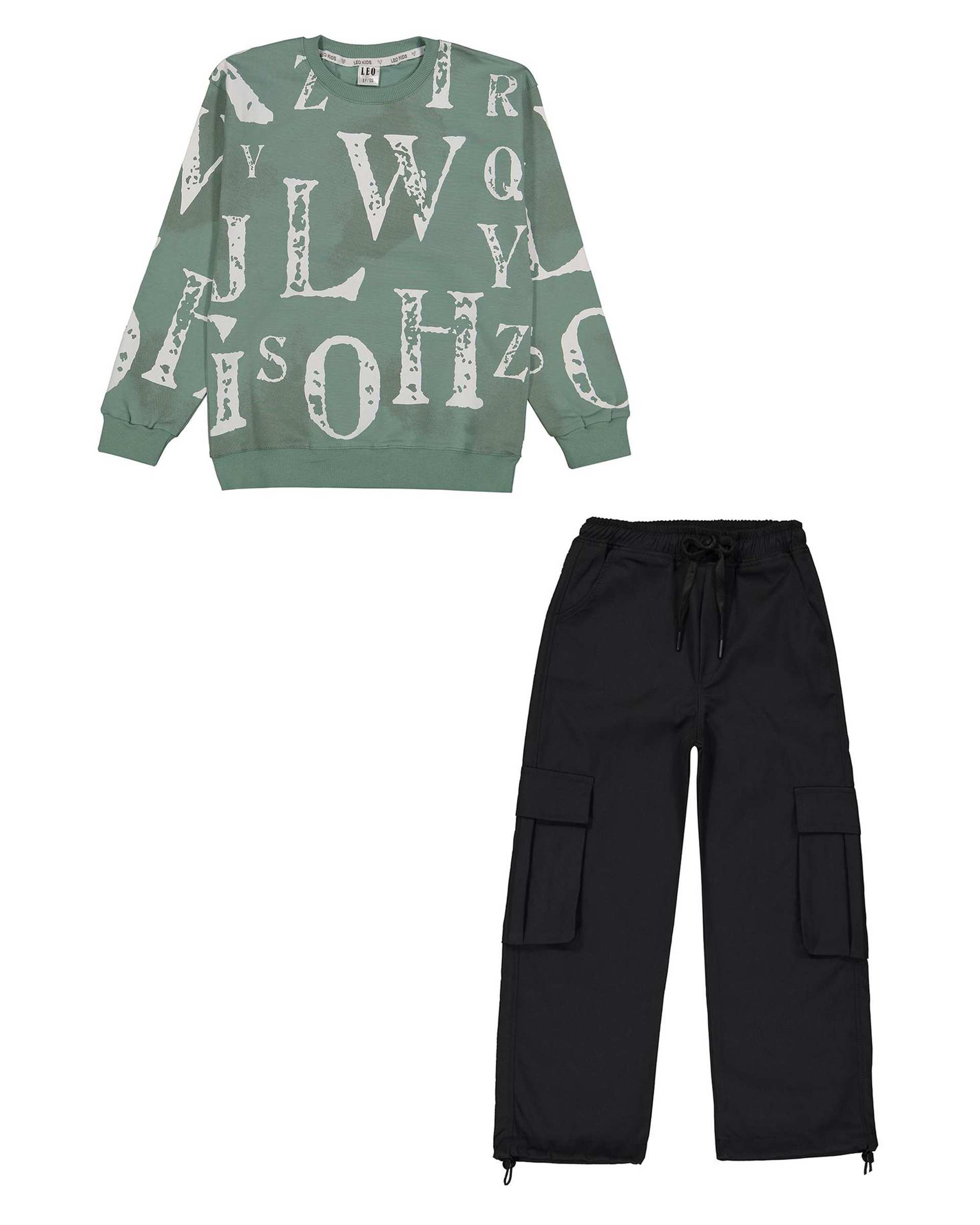 ست سویشرت و شلوار پسرانه سبز لئو کیدز Leo Kids طرح حروف کد 6840