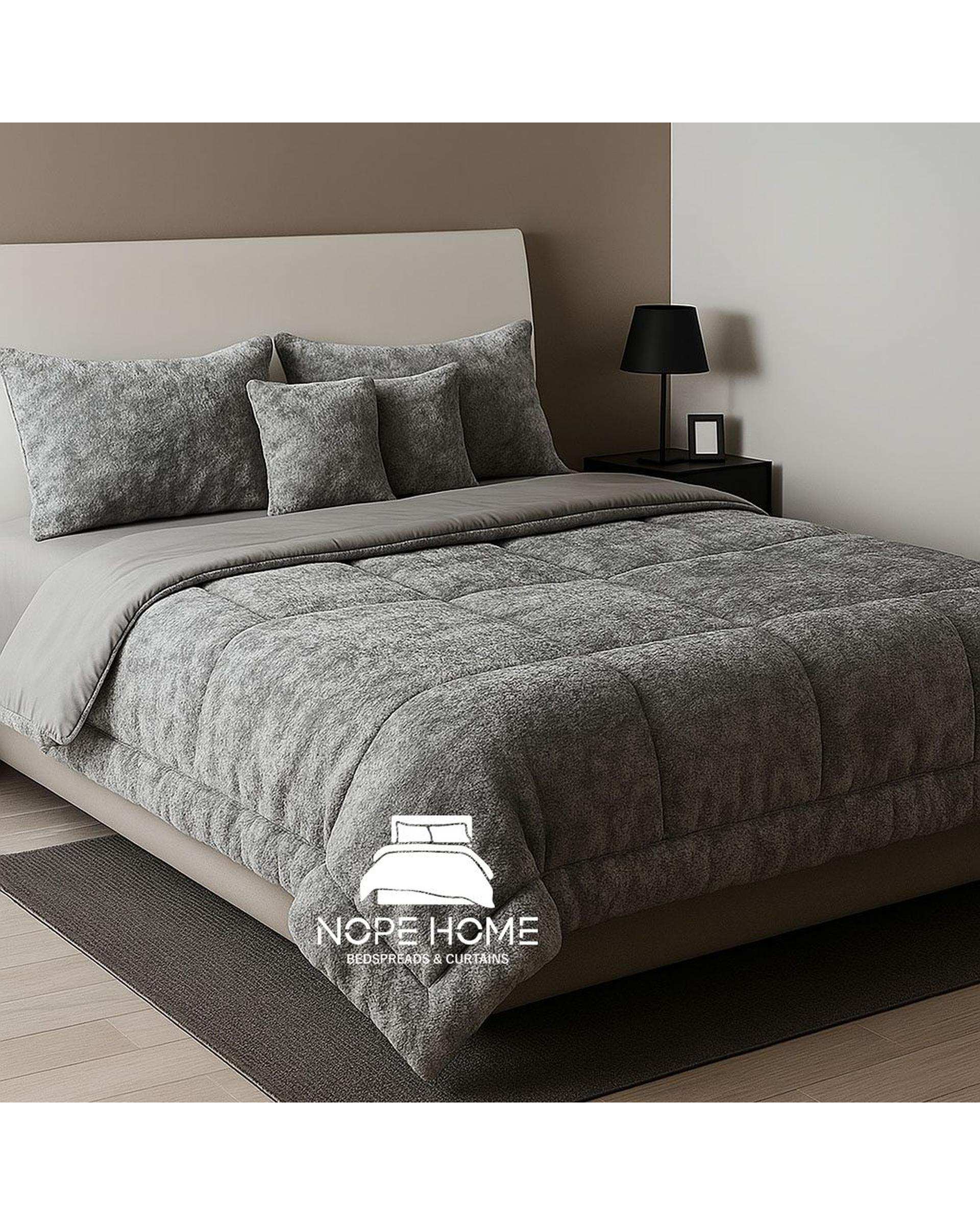 سرویس روتختی مخمل تدی الگانت دو نفره هشت تکه طوسی فیلی نوپه هوم Nopehome عرض تشک 160 الی 180