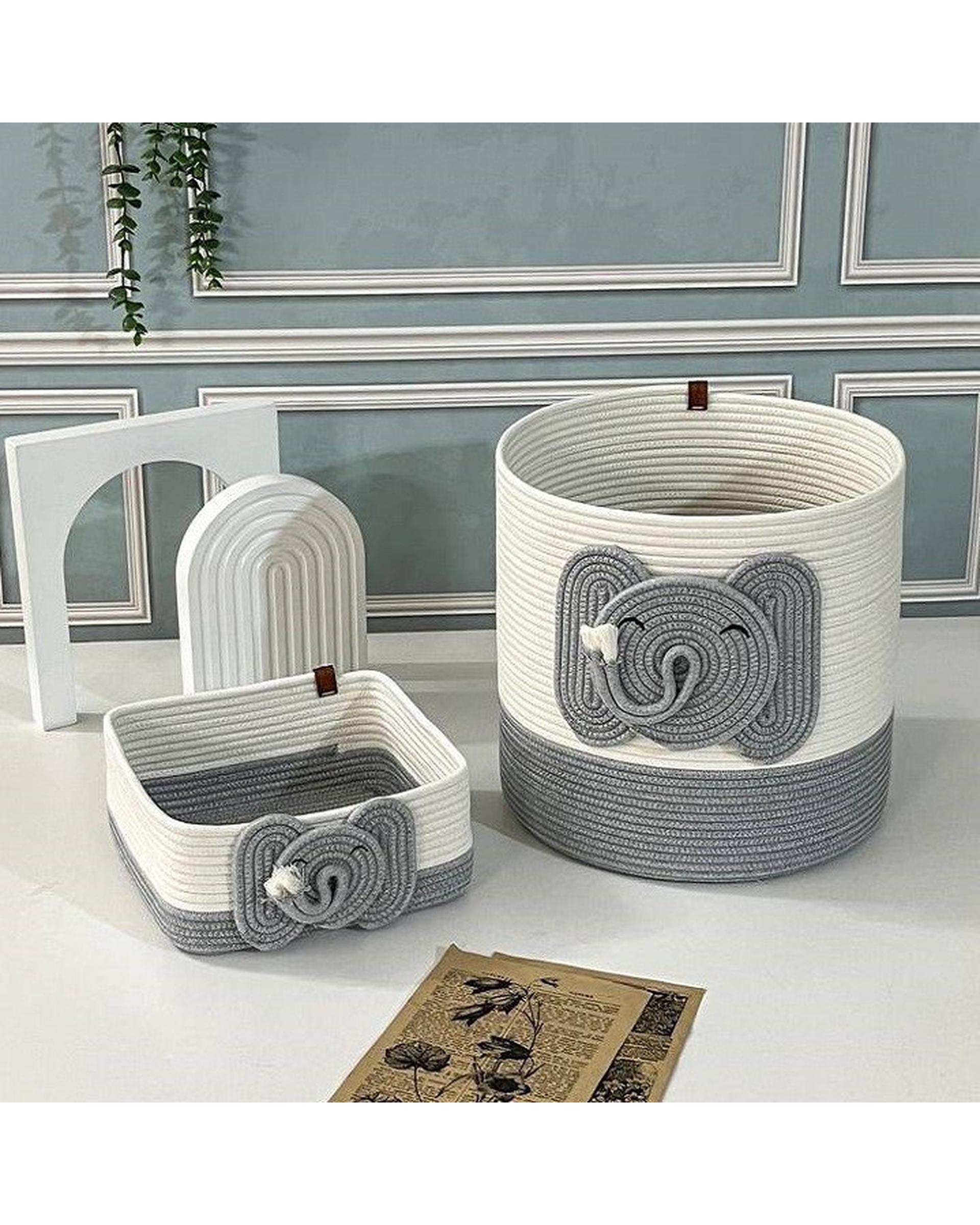 سبد وسایل کودک طوسی سفید مدل فیل بسته 2 عددی