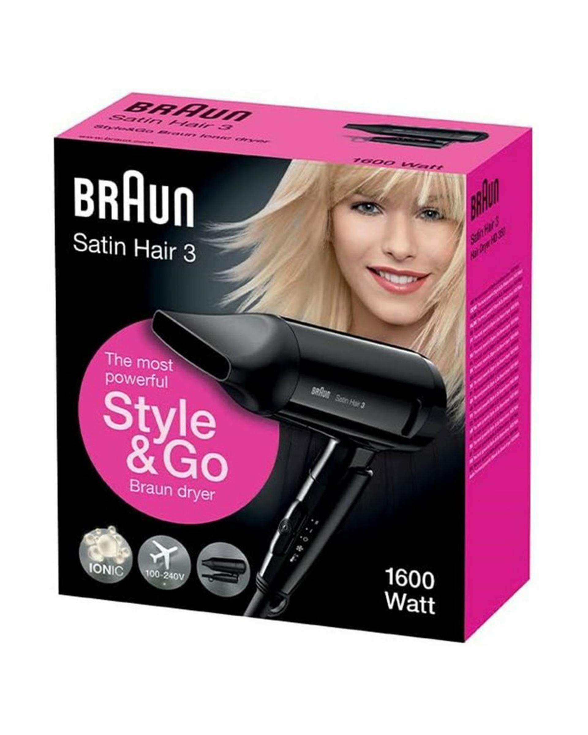 سشوار مسافرتی 1600 وات مشکی براون Braun سری ساتین هیر 3 آیونیک بلک مدل BRHD350E