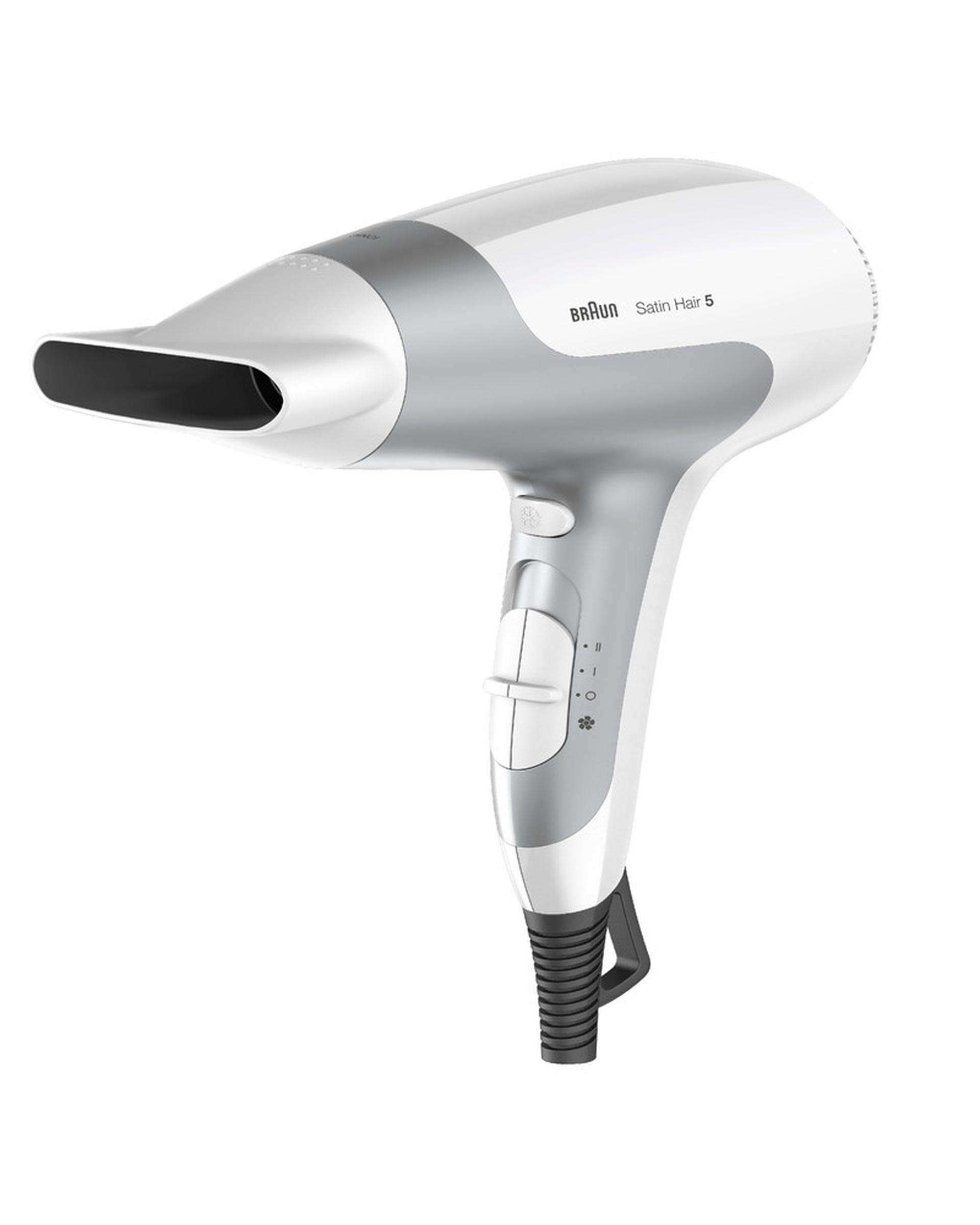 سشوار 2500 وات براون Braun سری ساتین هیر 5 پاور پرفکشن وایت & متالیک گری مدل BRHD580E