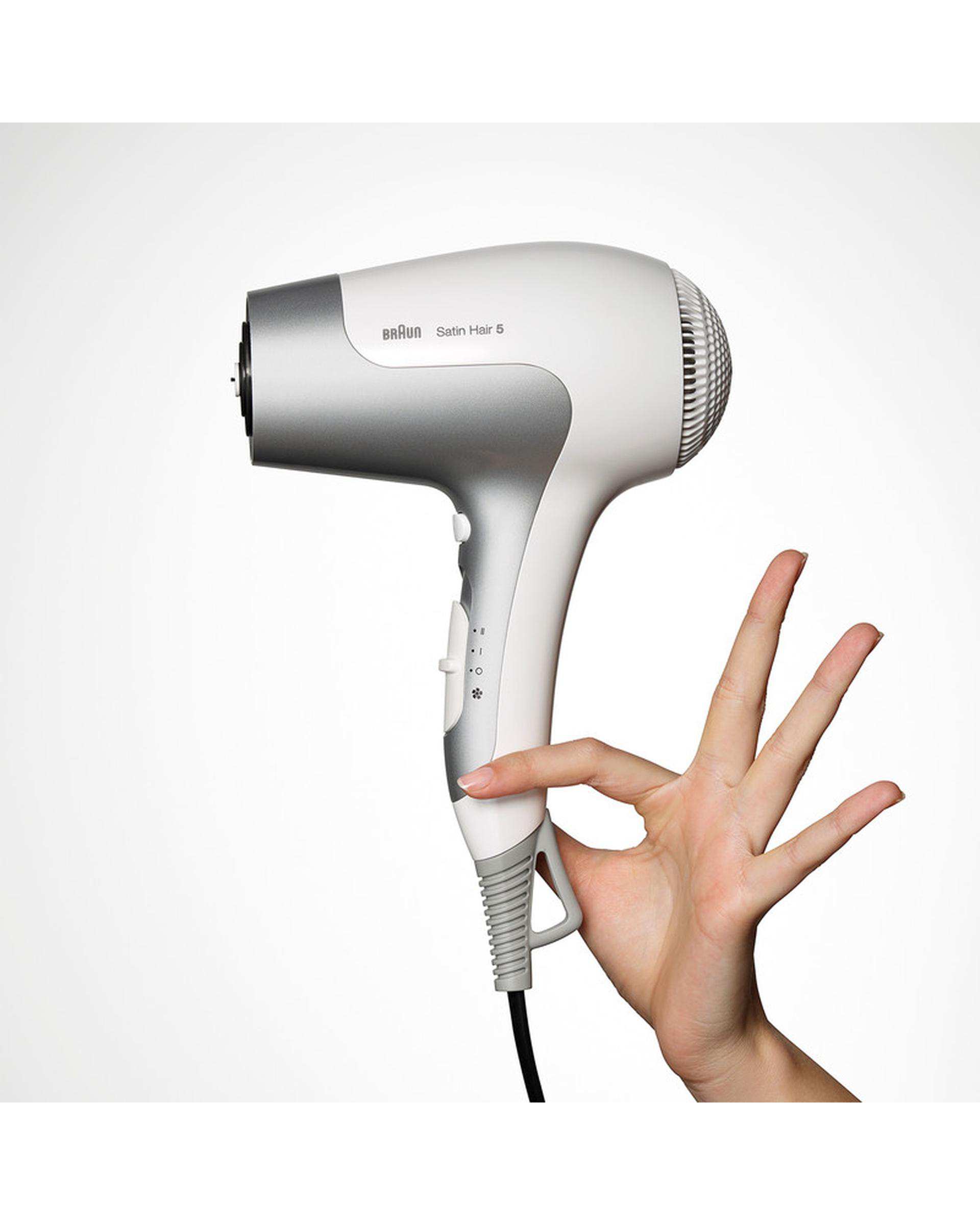 سشوار 2500 وات براون Braun سری ساتین هیر 5 پاور پرفکشن وایت & متالیک گری مدل BRHD580E