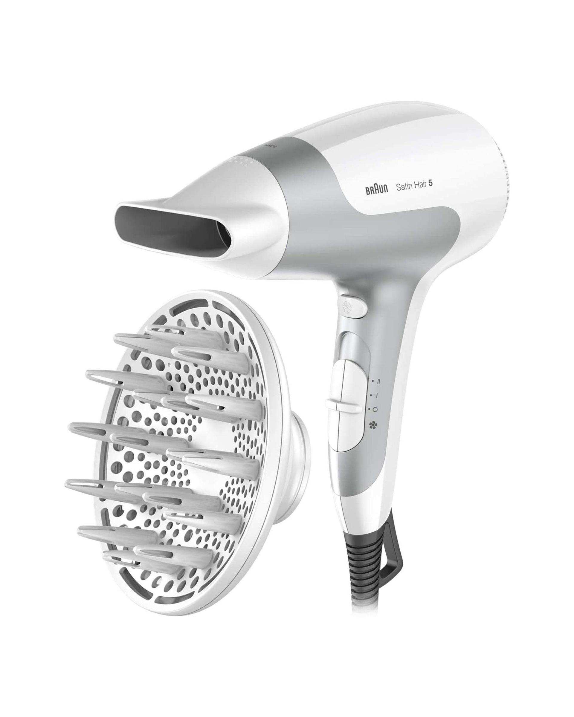 سشوار 2500 وات براون Braun سری ساتین هیر 5 پاور پرفکشن وایت & متالیک گری مدل BRHD580E