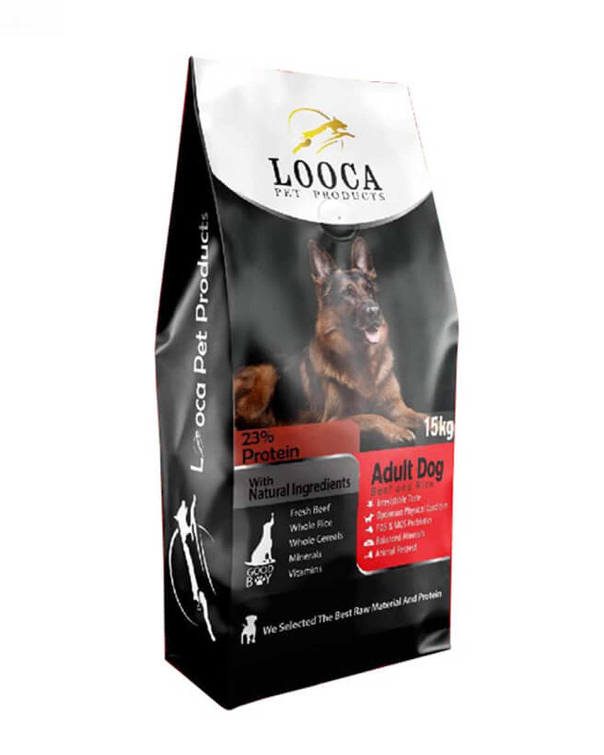 غذای خشک سگ بالغ نژاد بزرگ برند لوکا Looca مدل Adult Dog Beef & Rice با طعم گوشت و برنج وزن 15 کیلوگرم
