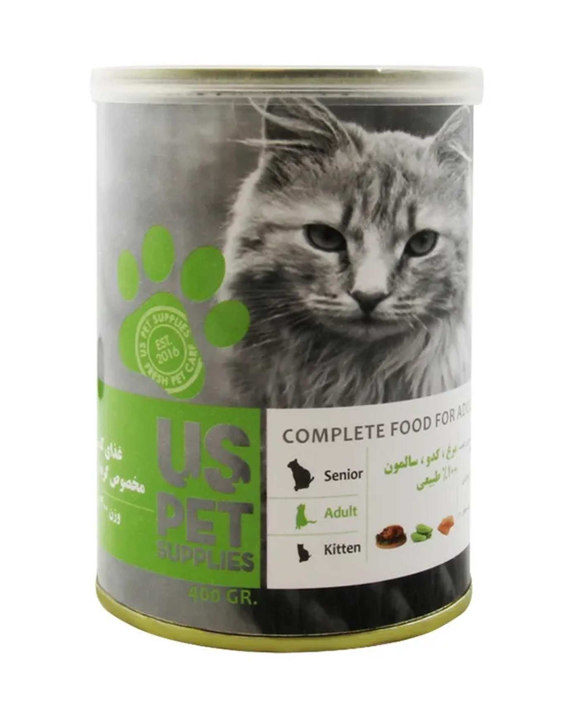 کنسرو پته گربه بالغ یو اس پت Us Pet با طعم مرغ و کدو سبز و ماهی سالمون 400 گرم