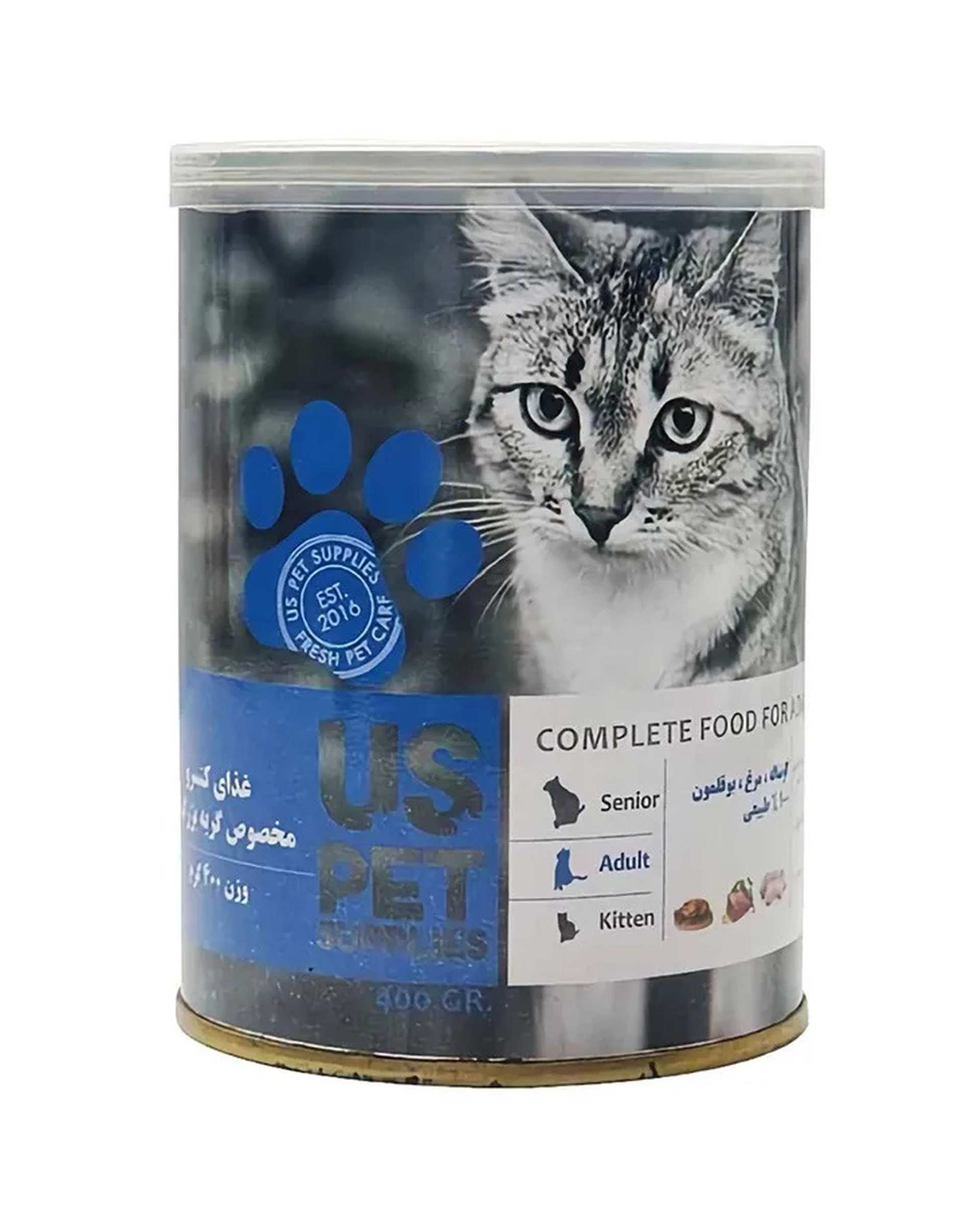 کنسرو پته گربه بالغ یو اس پت Us Pet با طعم گوشت گوساله و مرغ و بوقلمون 400 گرم