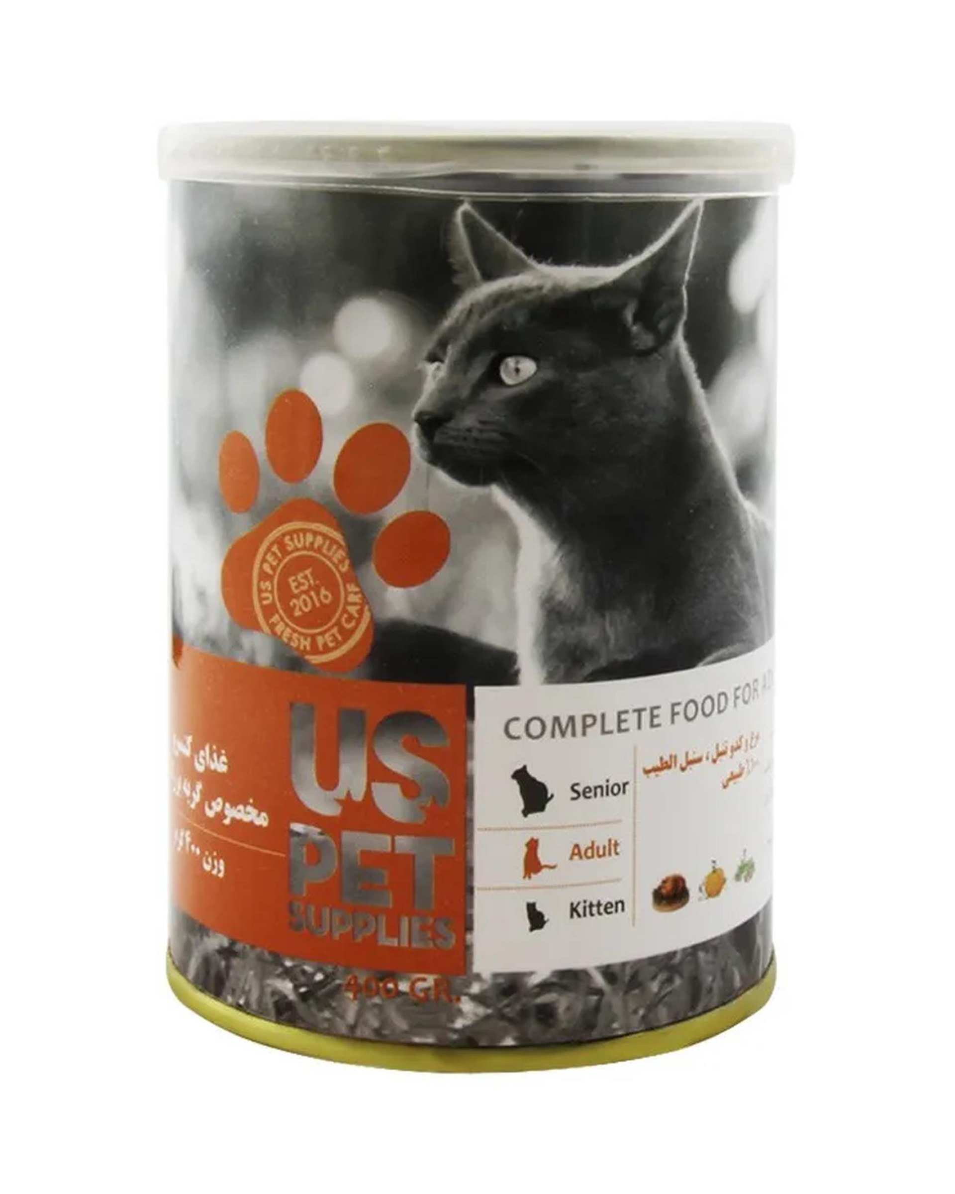 کنسرو پته گربه بالغ یو اس پت Us Pet با طعم مرغ و کدو حلوایی و سنبل الطیب 800 گرم
