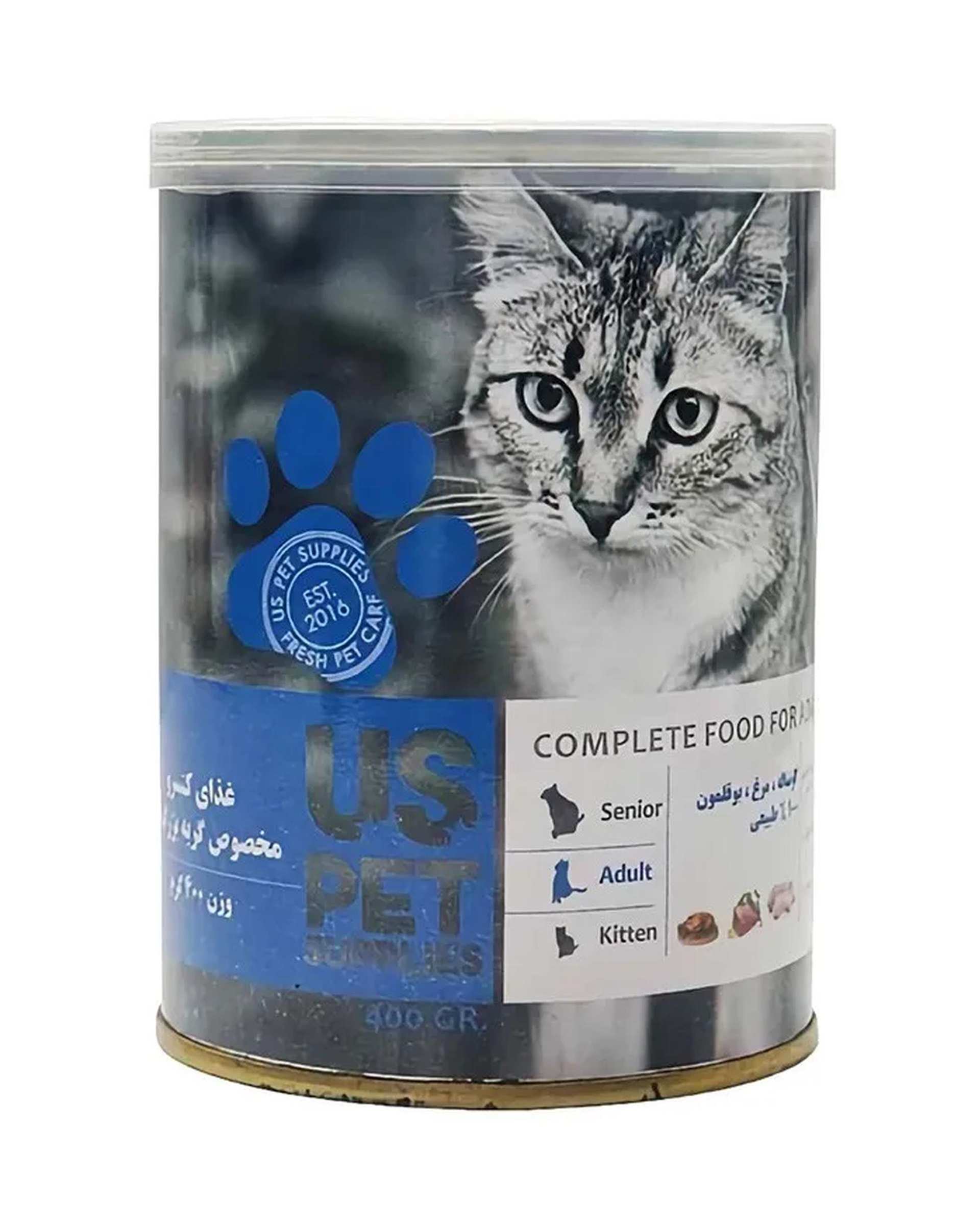 کنسرو پته گربه بالغ یو اس پت Us Pet با طعم گوشت گوساله و مرغ و بوقلمون 800 گرم