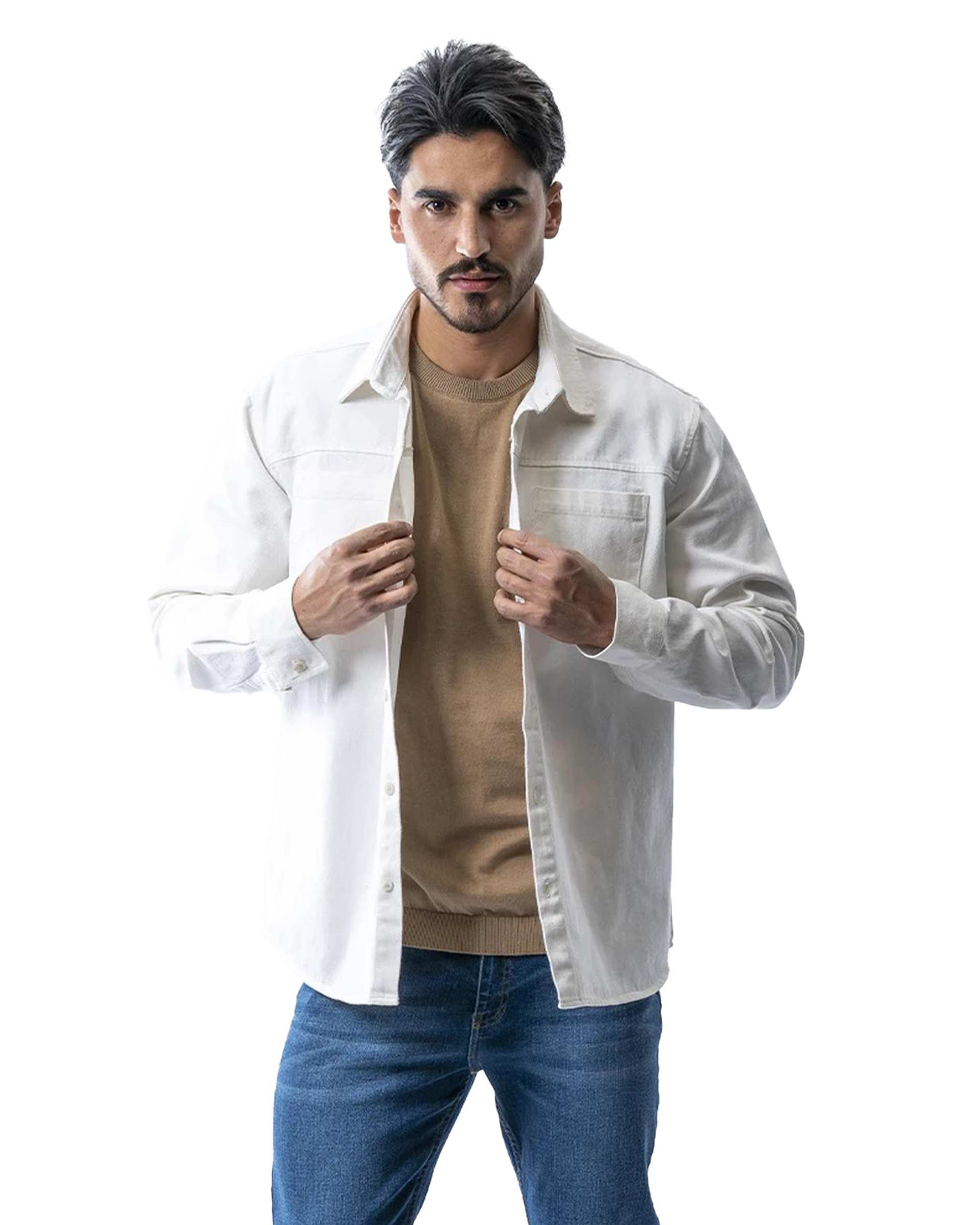 پیراهن کتان مردانه باکسی آستین بلند سفید آر ان اس RNS کد 12202579