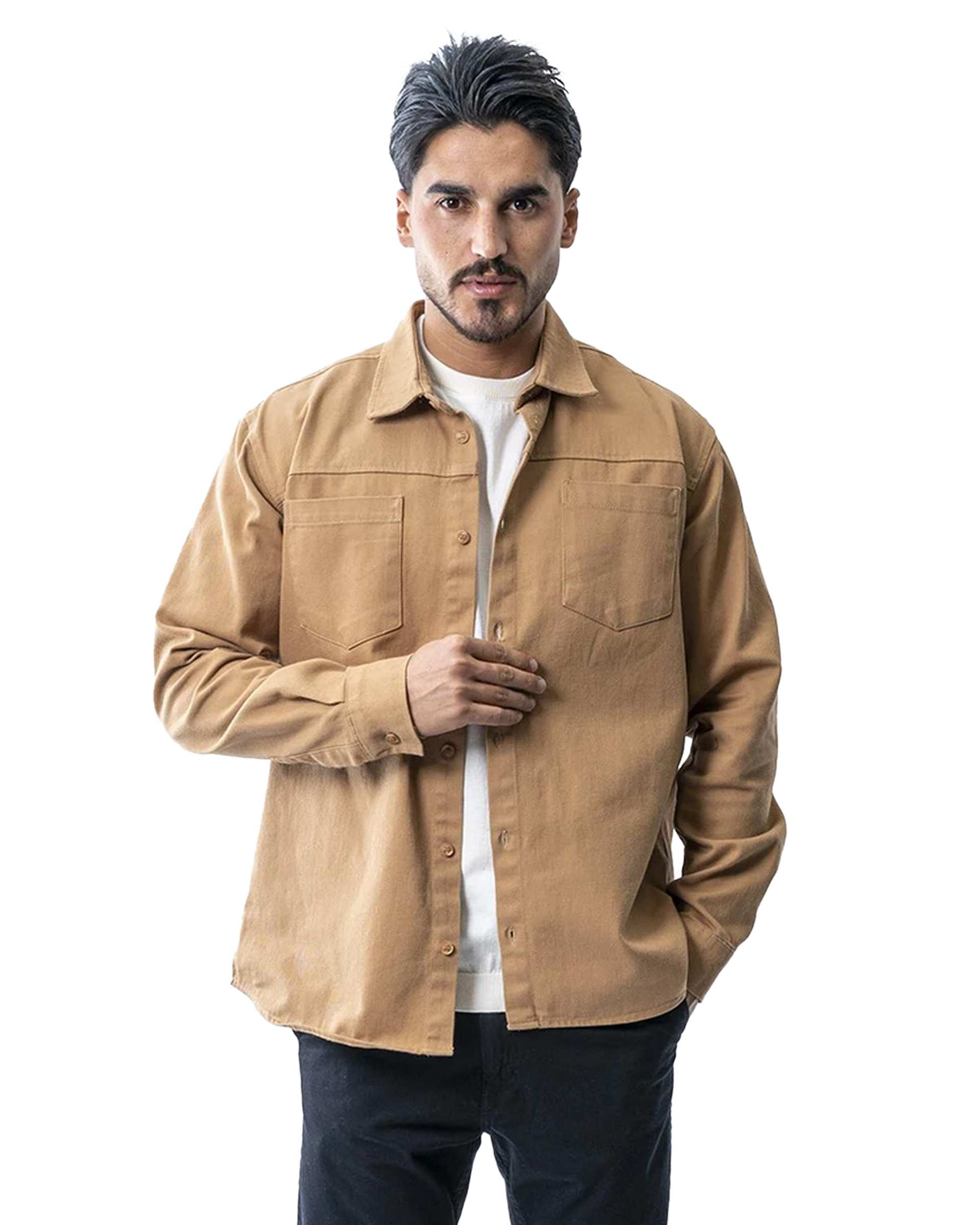 پیراهن کتان مردانه باکسی آستین بلند شتری آر ان اس RNS کد 12202579