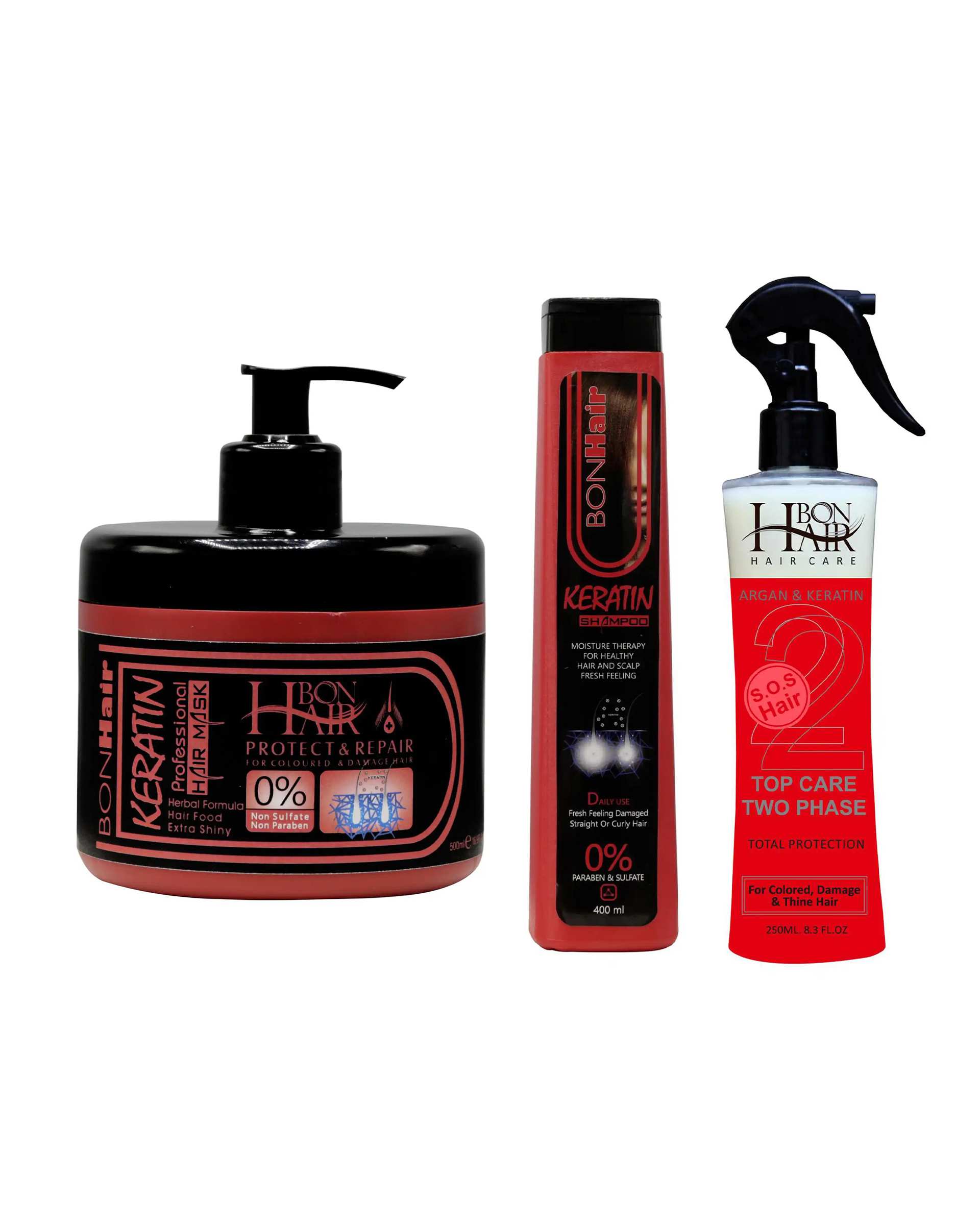 شامپو و ماسک و اسپری دو فاز مو کراتین بن هیر Bon Hair بسته 3 عددی