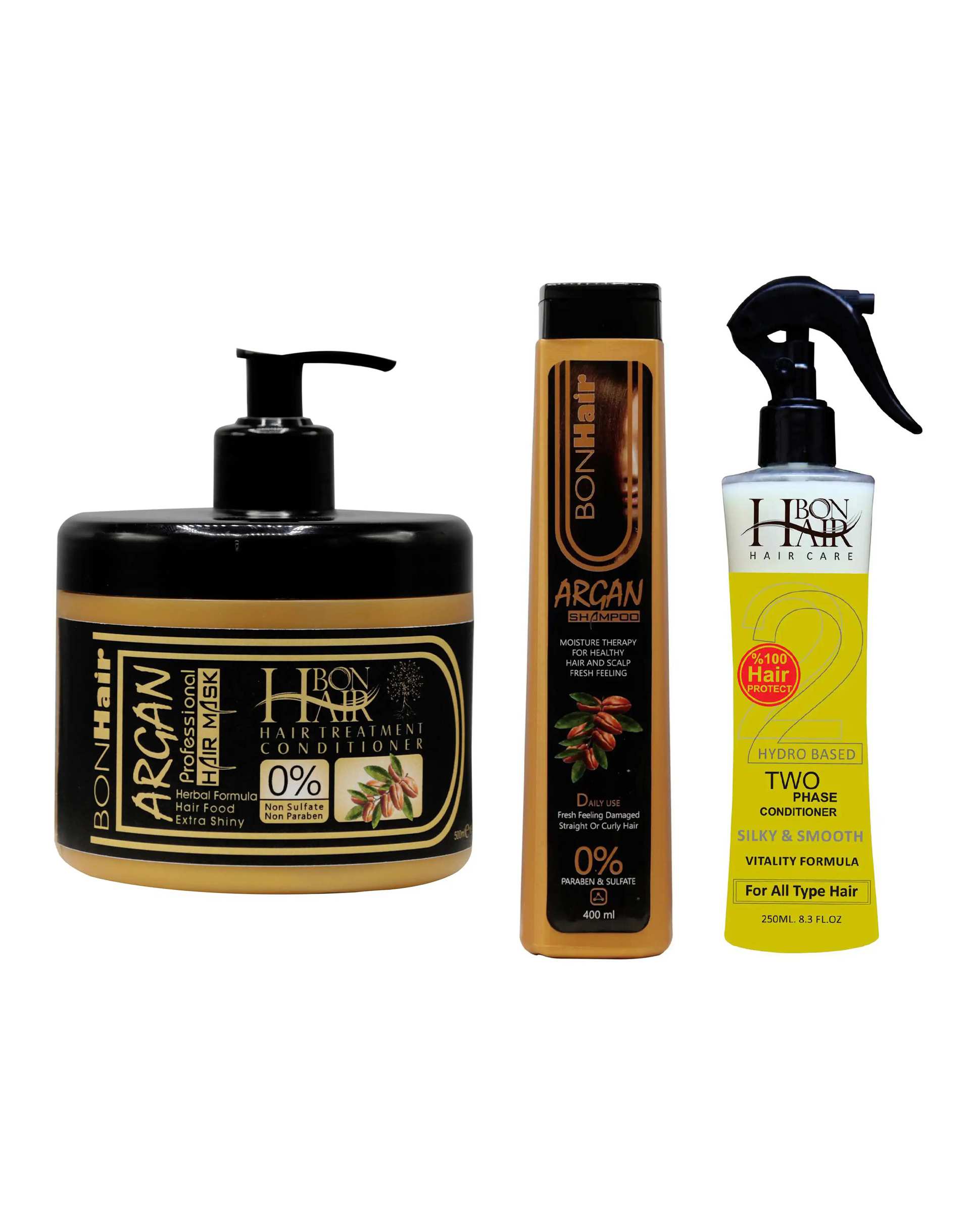شامپو و ماسک و اسپری دو فاز مو آرگان بن هیر Bon Hair بسته 3 عددی
