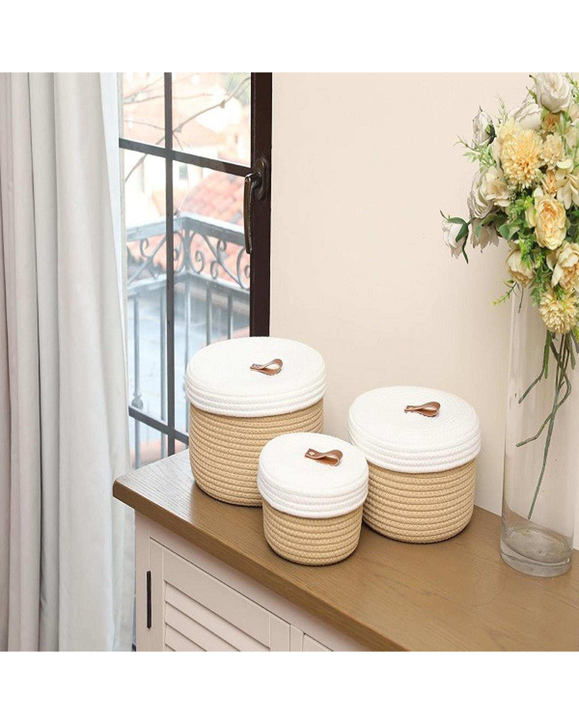 سبد کپو بافی کرم تیره سفید مدل p5 مجموعه 3 عددی