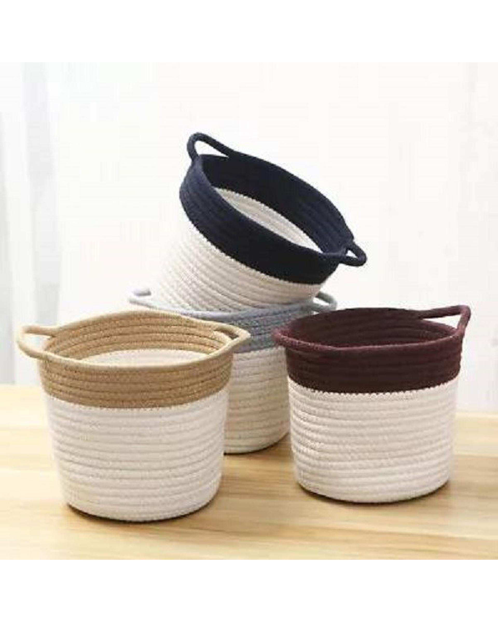 سطل حصیر بافی سفید و کرم تیره مدل 077