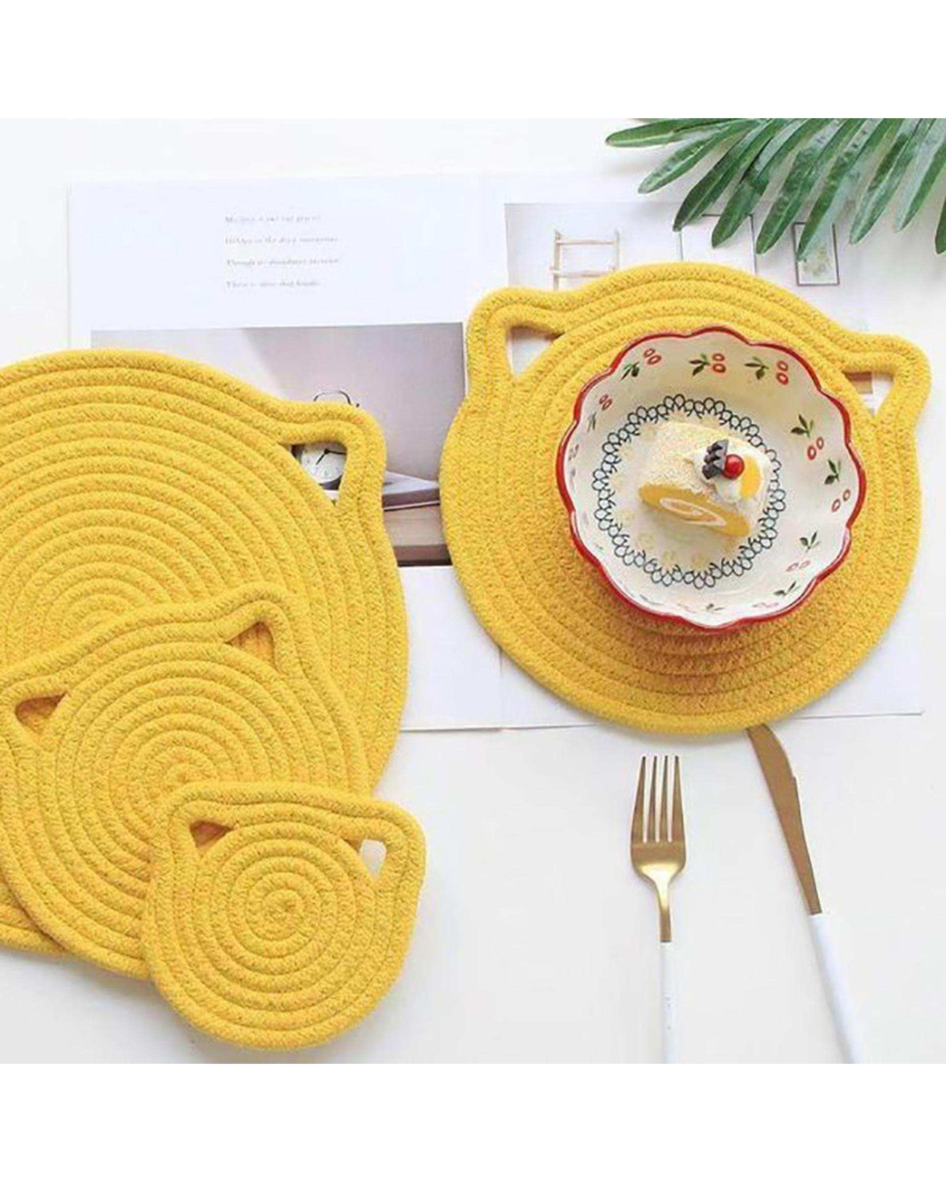 زیر بشقابی و زیر قابلمه ای زرد مدل پیشی مجموعه 3 عددی