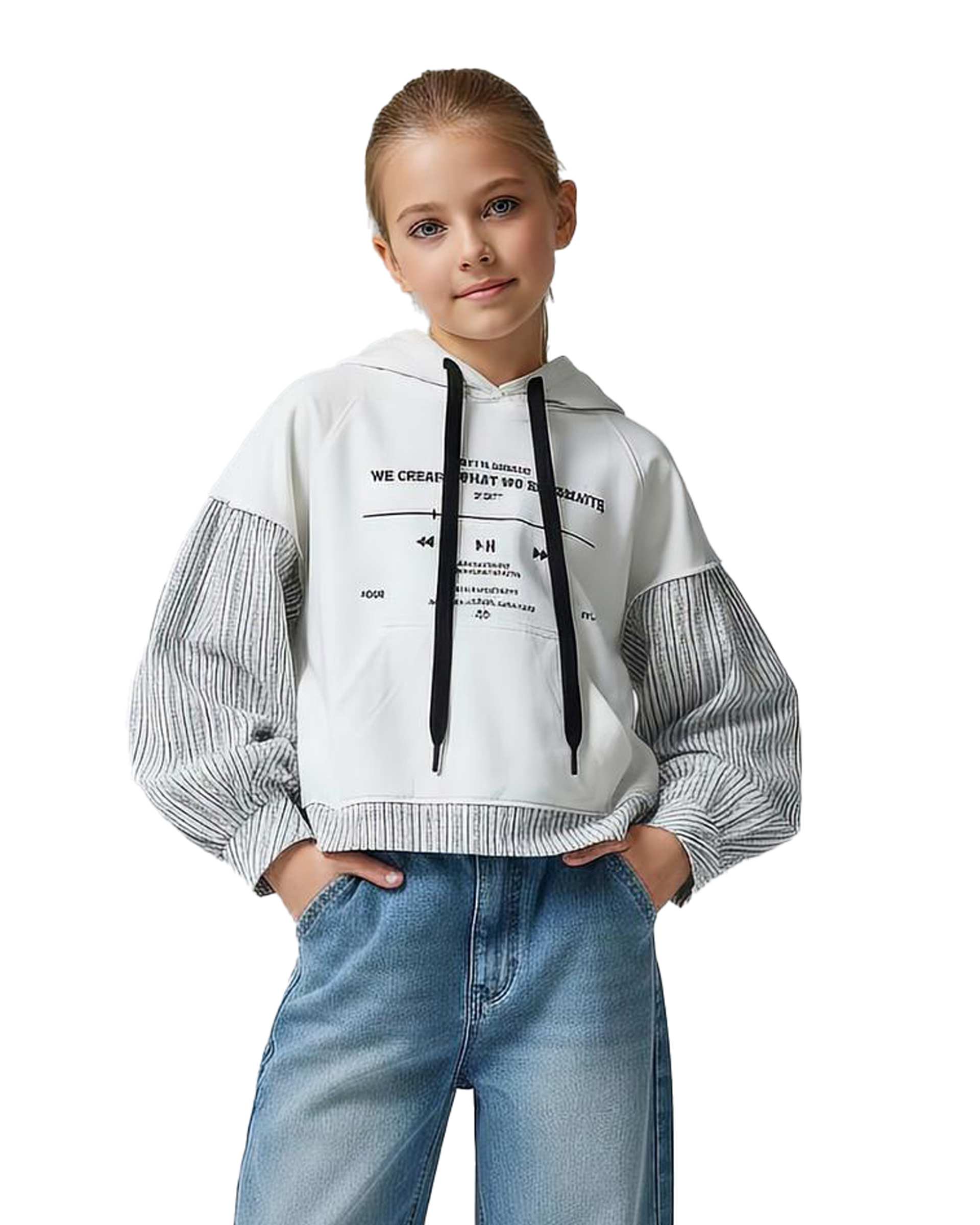 هودی دخترانه آستین نساجی سفید لئو کیدز Leo Kids کد 2070