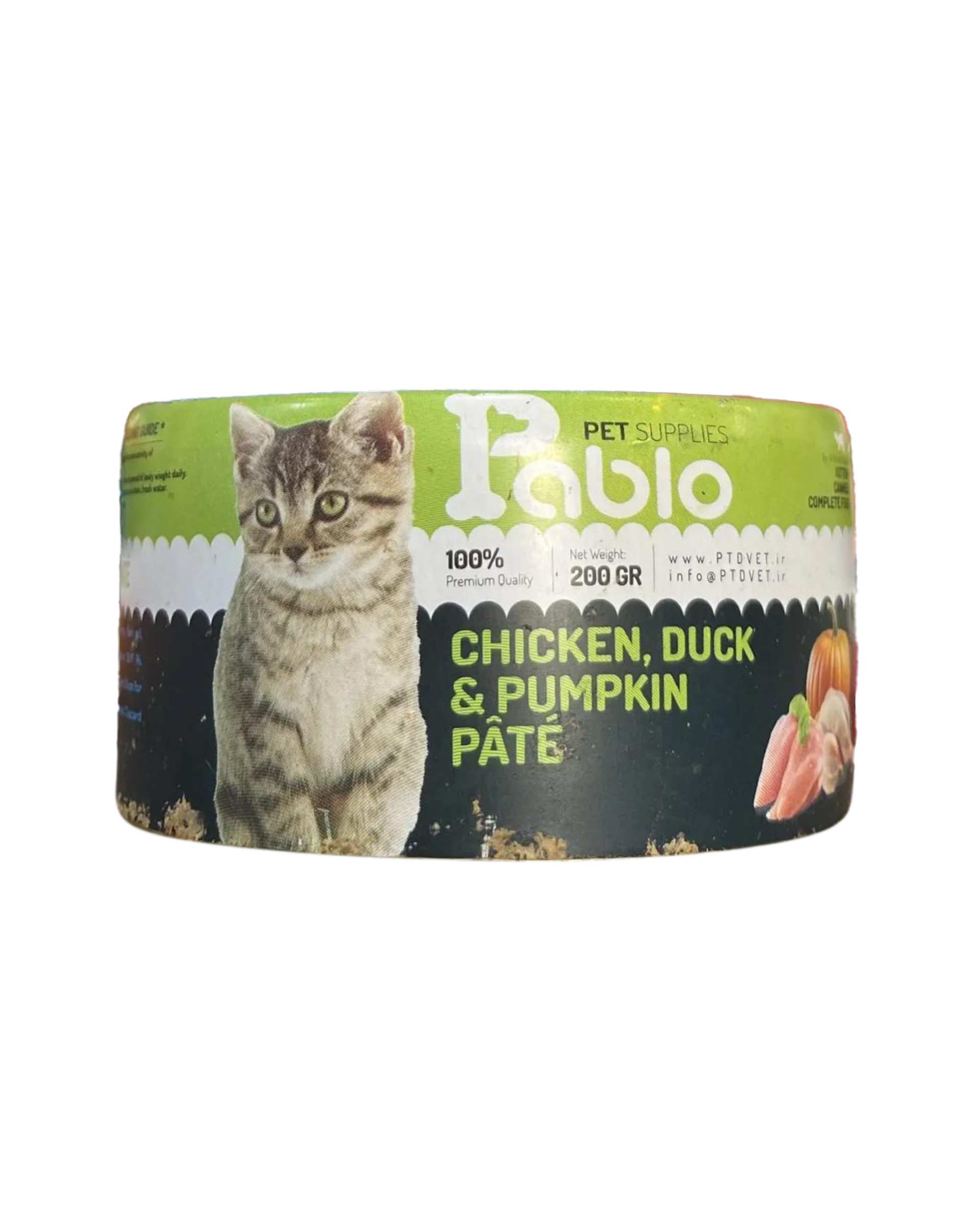 کنسرو سوپر پرمیوم بچه گربه پابلو Pablo با طعم گوشت مرغ و گوشت اردک و کدو تنبل وزن 2۰۰ گرم