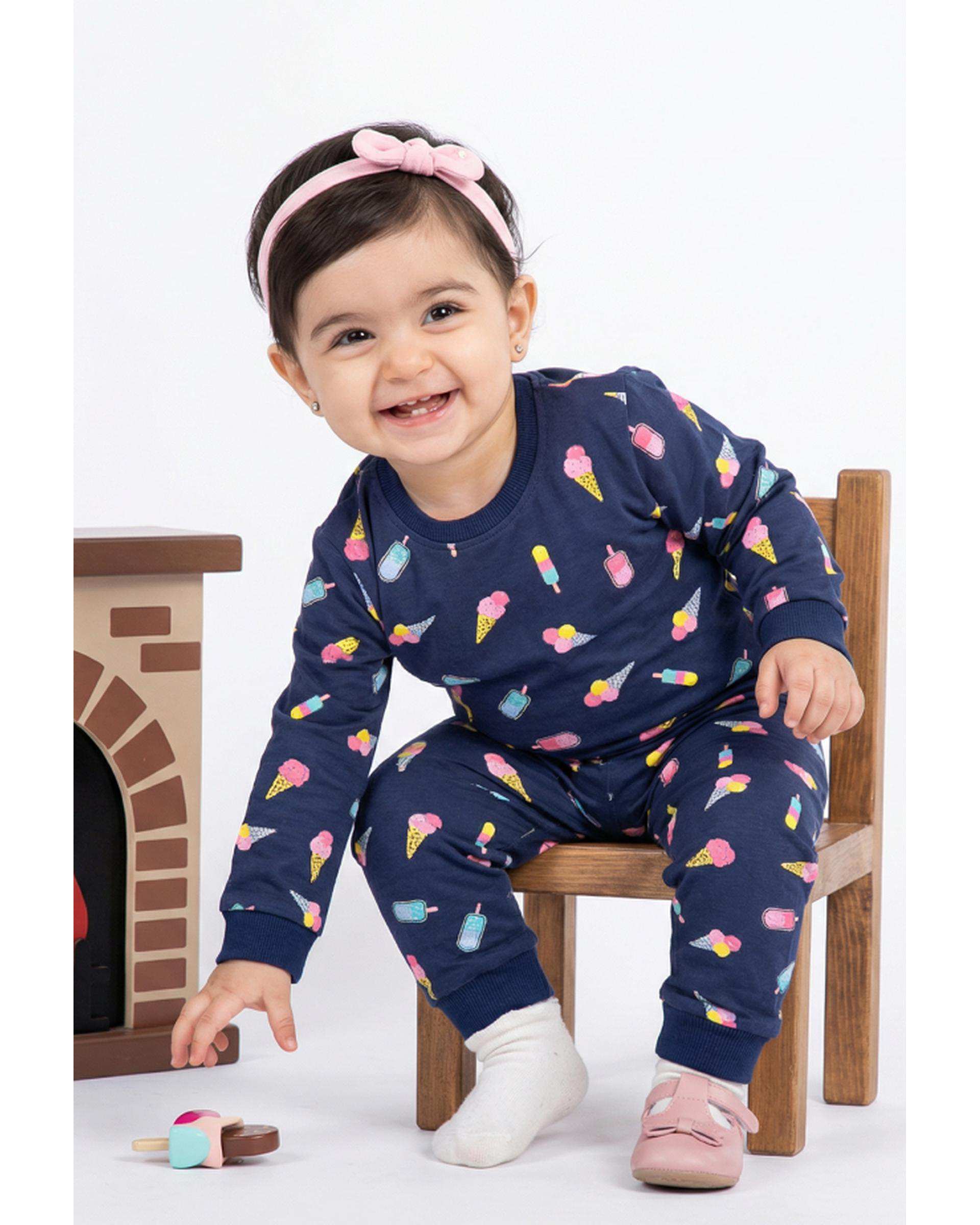 ست بلوز و شلوار دخترانه نوزادی سرمه ای فیورلا Fiorella طرح بستنی 1 کد 25206