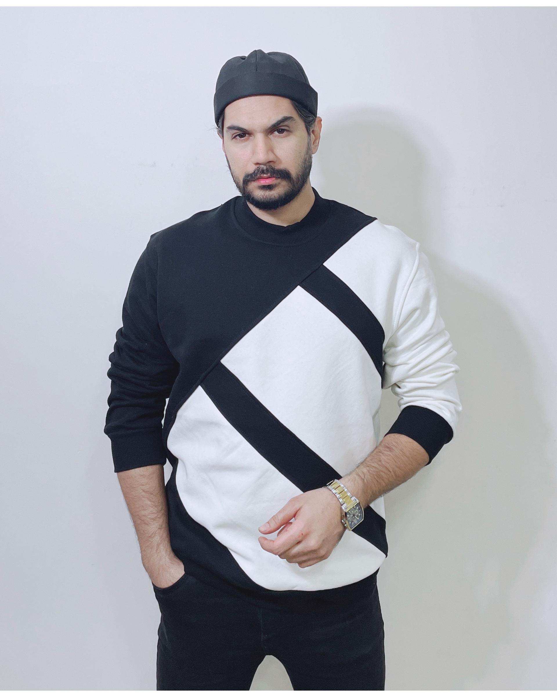 سویشرت مردانه دورس سه نخ کلاسیک مشکی سفید دیورسو Diverso کد 4862