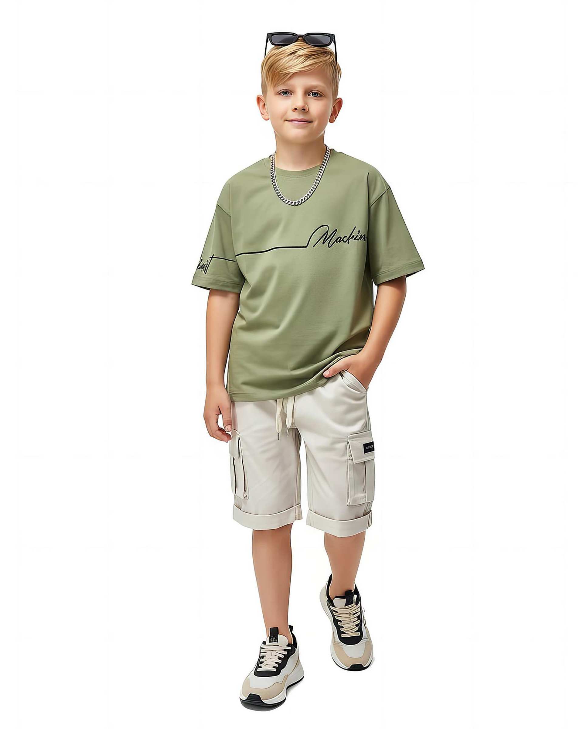 ست تیشرت و شلوارک پسرانه کتان مچینست سبز لئو کیدز Leo kids کد 2-6822