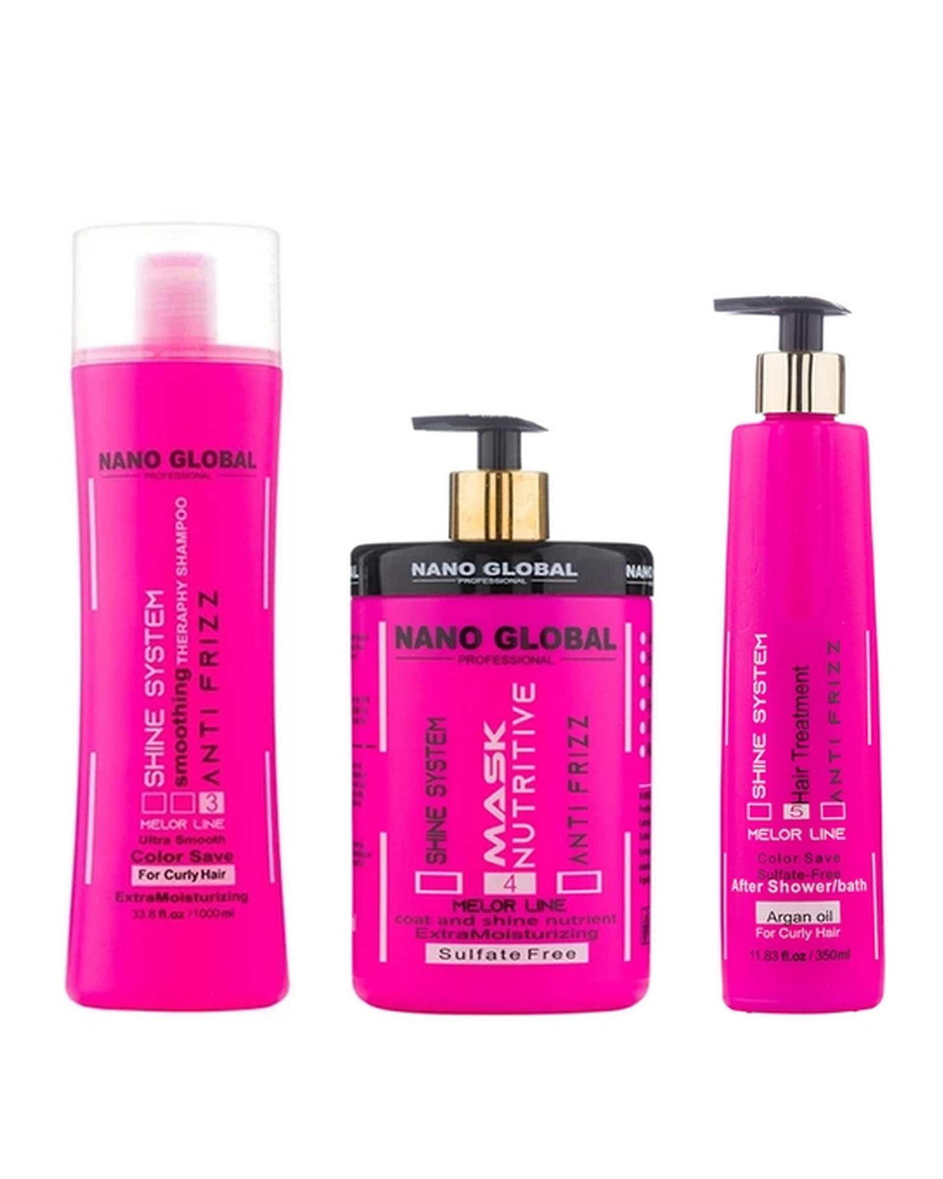 پک شامپو و ماسک داخل و بعد از حمام نانوگلوبال Nano Global مدل Shine System سری Anti Frizz بسته 3 عددی