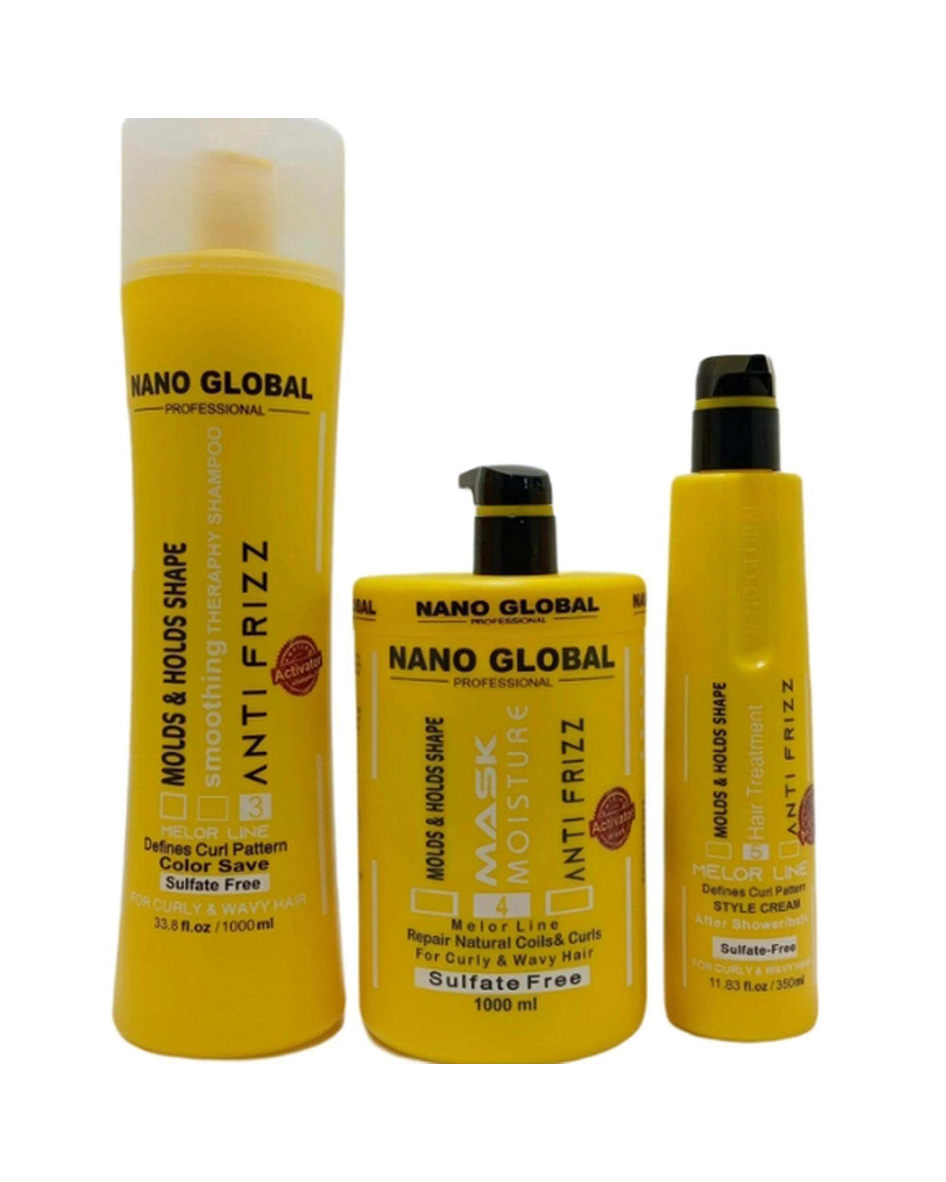 پک شامپو و ماسک مو و کرم مو اکتیویتور نانوگلوبال Nano Global مناسب موهای فر و مجعد