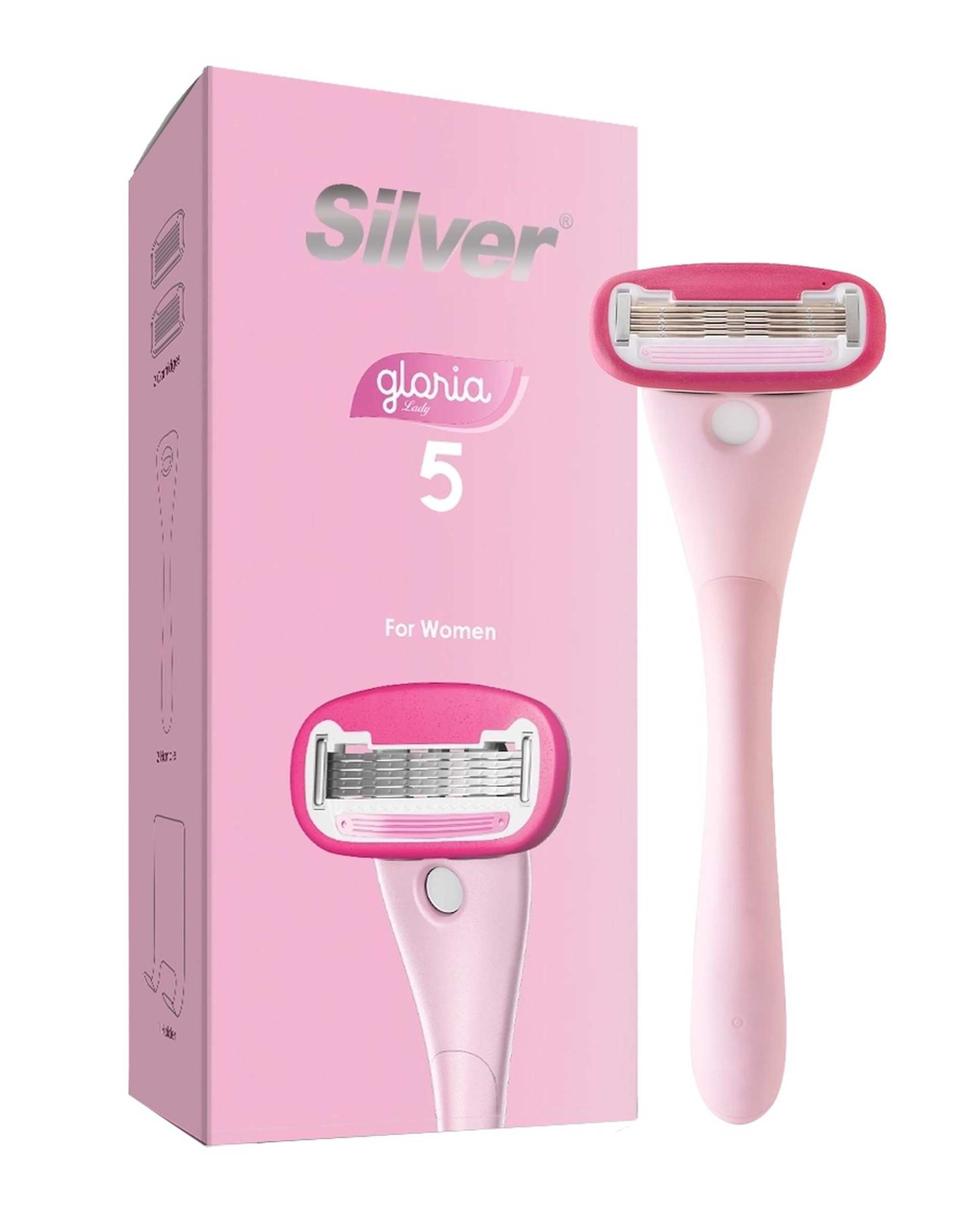 خودتراش زنانه 5 لبه صورتی سیلور Silver مدل Gloria5 System دسته با 2 تیغ یدک و هوک نگهدارنده