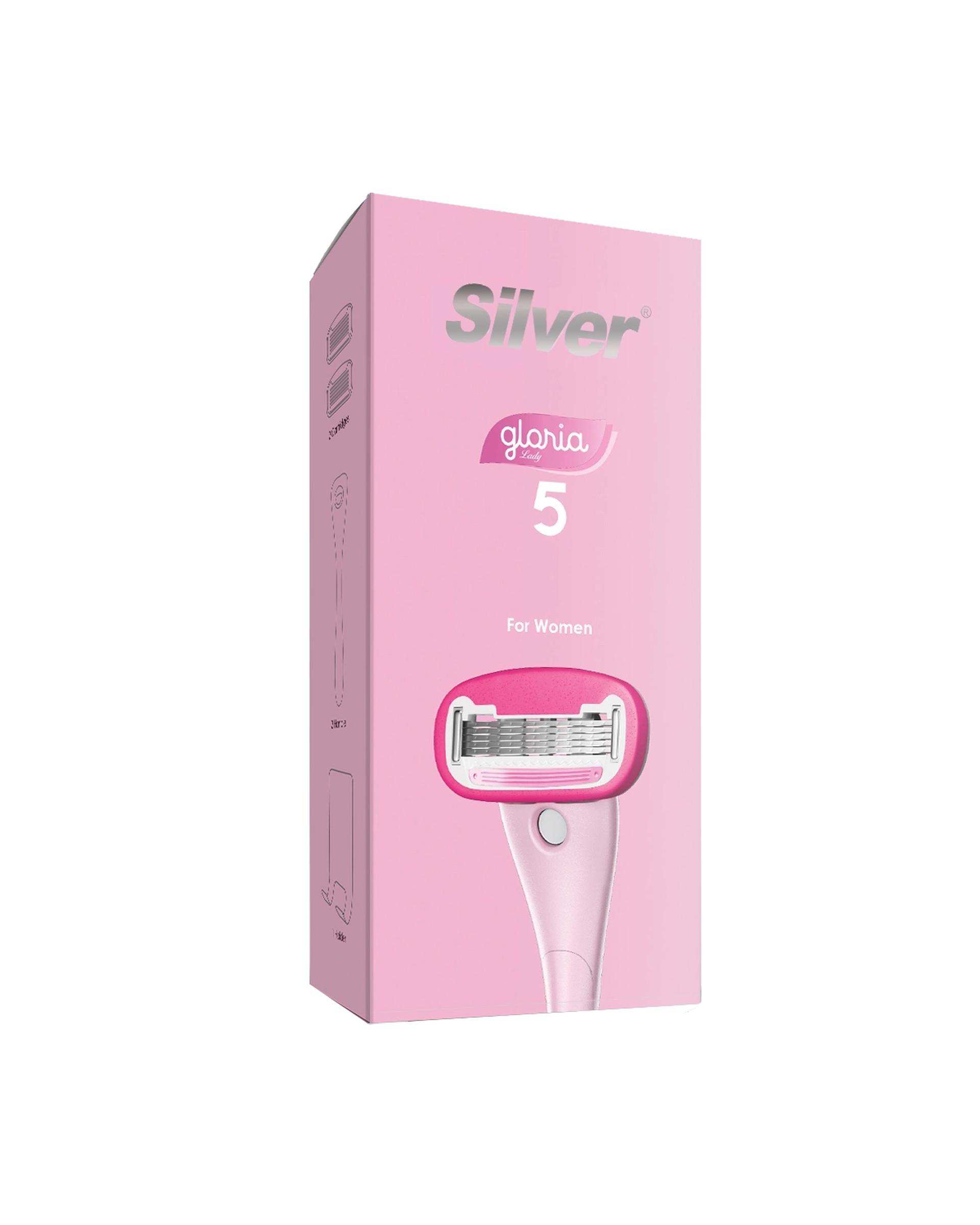 خودتراش زنانه 5 لبه صورتی سیلور Silver مدل Gloria5 System دسته با 2 تیغ یدک و هوک نگهدارنده