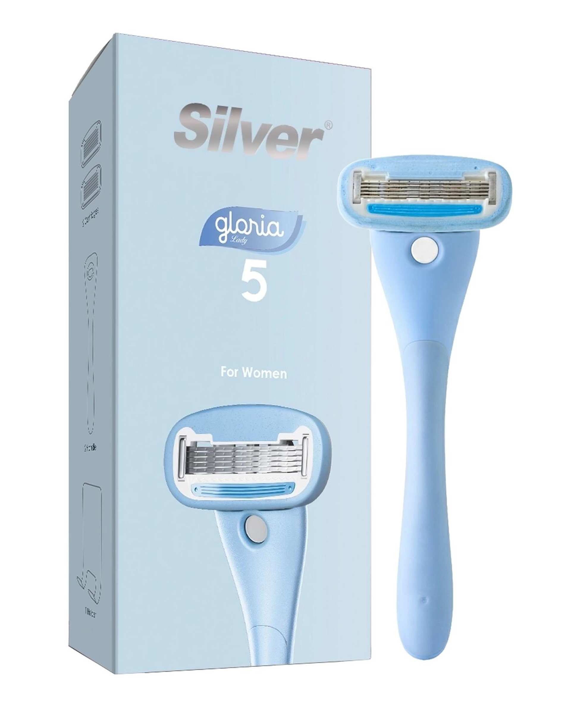 خودتراش زنانه 5 لبه آبی سیلور Silver مدل Gloria5 System دسته با 2 تیغ یدک و هوک نگهدارنده