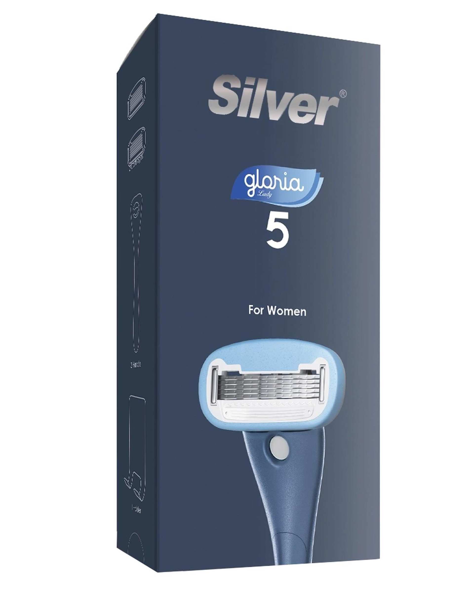 خودتراش زنانه 5 لبه سرمه ای سیلور Silver مدل Gloria5 System دسته با 2 تیغ یدک و هوک نگهدارنده