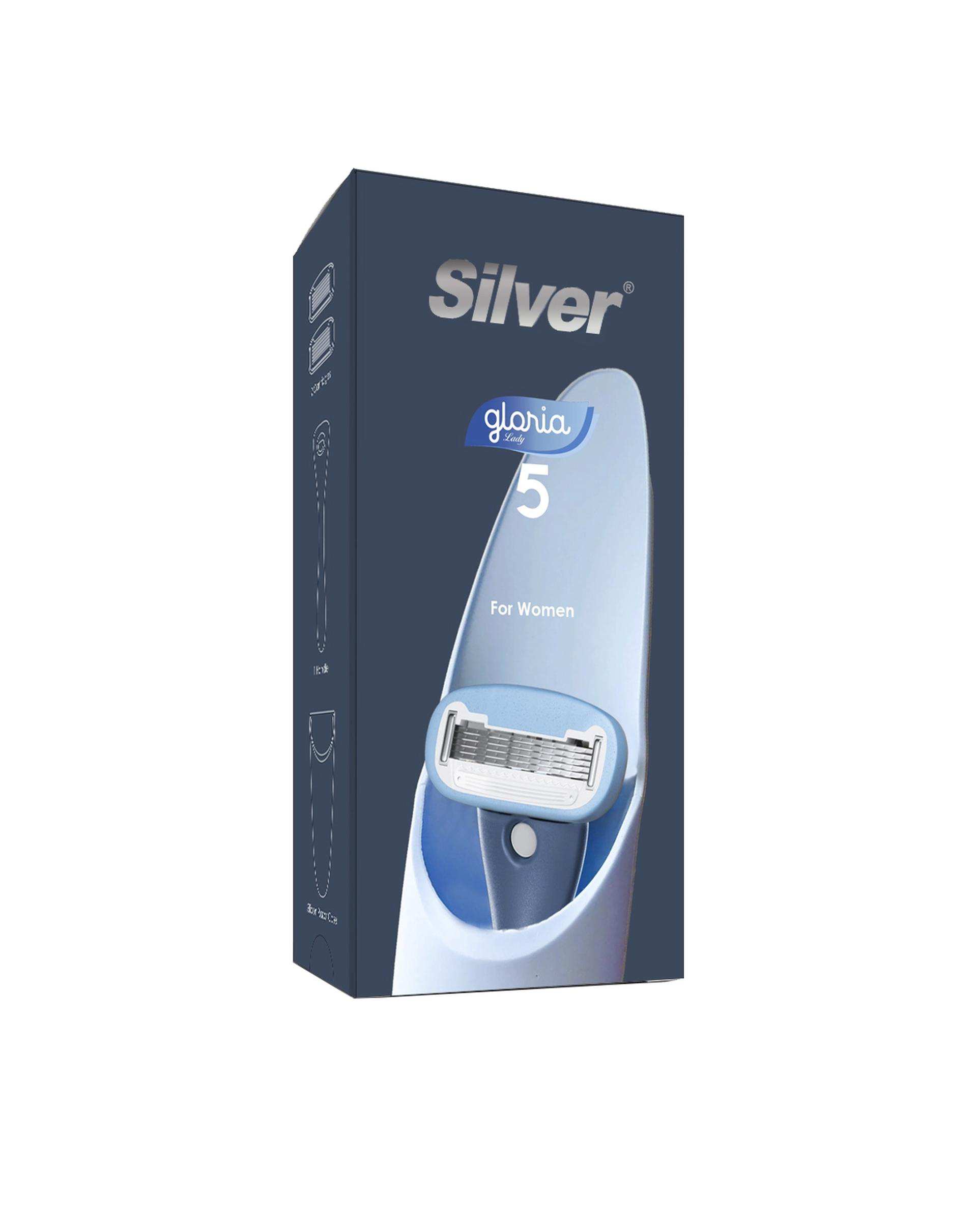 خودتراش زنانه 5 لبه سرمه ای سیلور Silver مدل Gloria5 System به همراه 2 تیغ یدک و سیلیکون کیس
