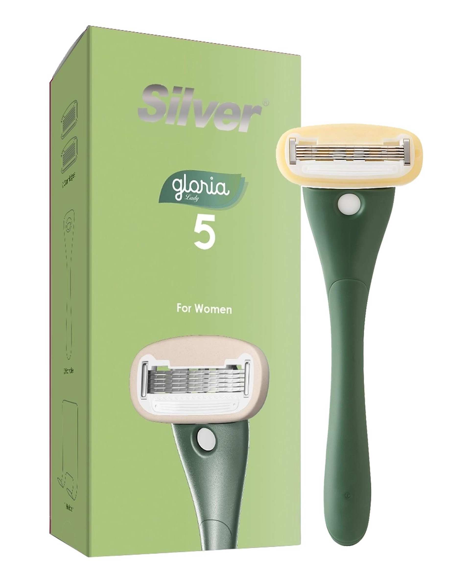 خودتراش زنانه 5 لبه سبز یشمی سیلور Silver مدل Gloria5 System دسته با 2 تیغ یدک و هوک نگهدارنده