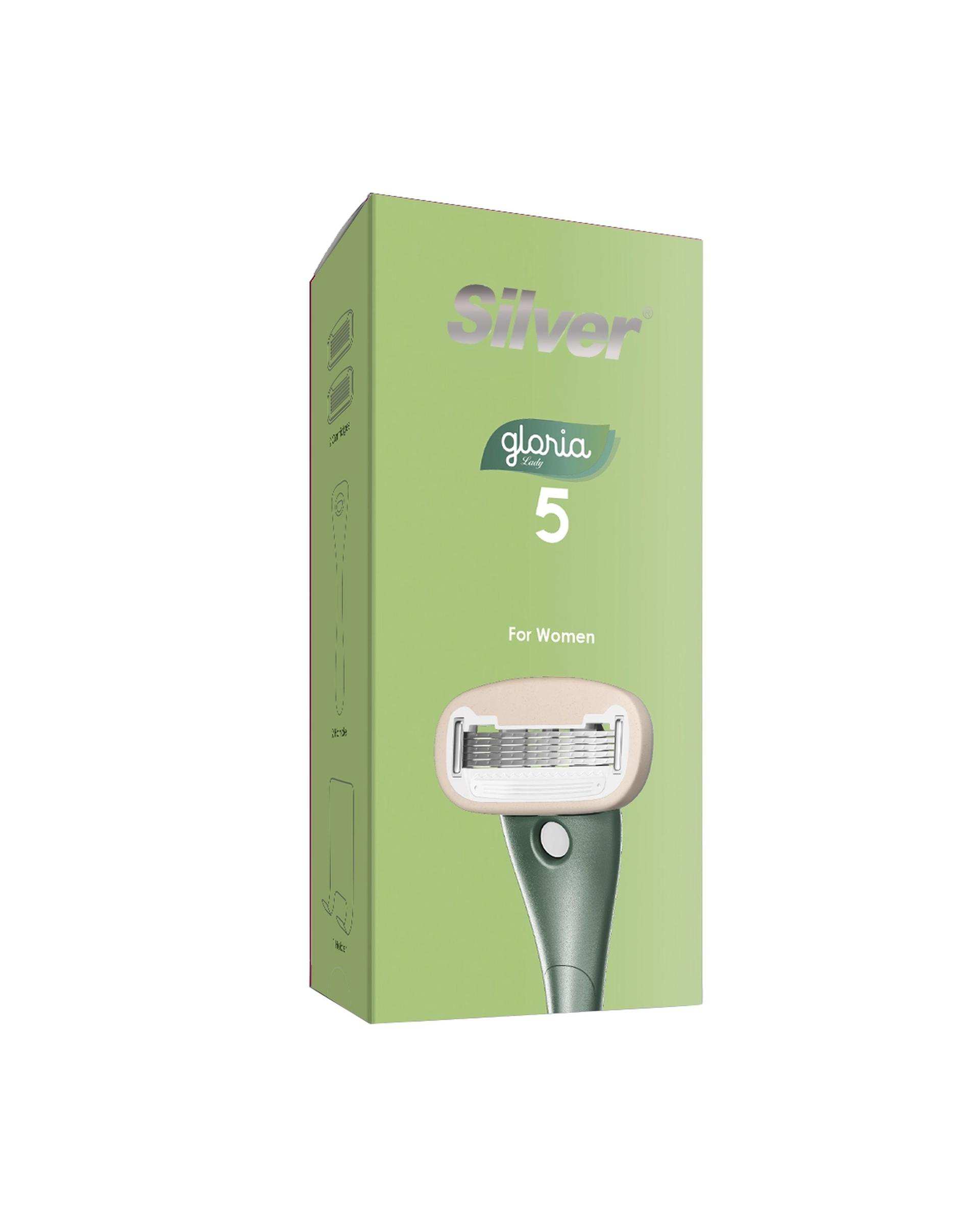 خودتراش زنانه 5 لبه سبز یشمی سیلور Silver مدل Gloria5 System دسته با 2 تیغ یدک و هوک نگهدارنده