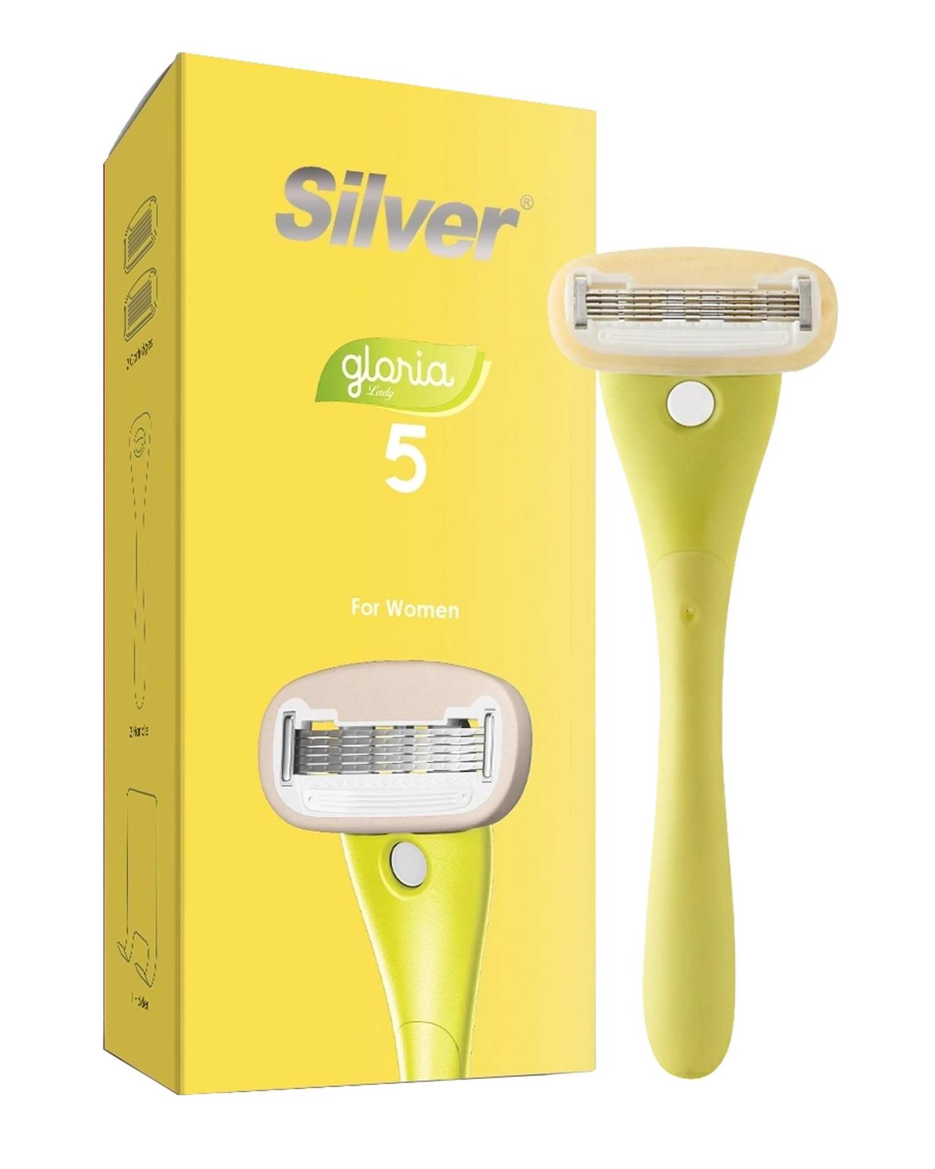خودتراش زنانه 5 لبه زرد سیلور Silver مدل Gloria5 System دسته با 2 تیغ یدک و هوک نگهدارنده