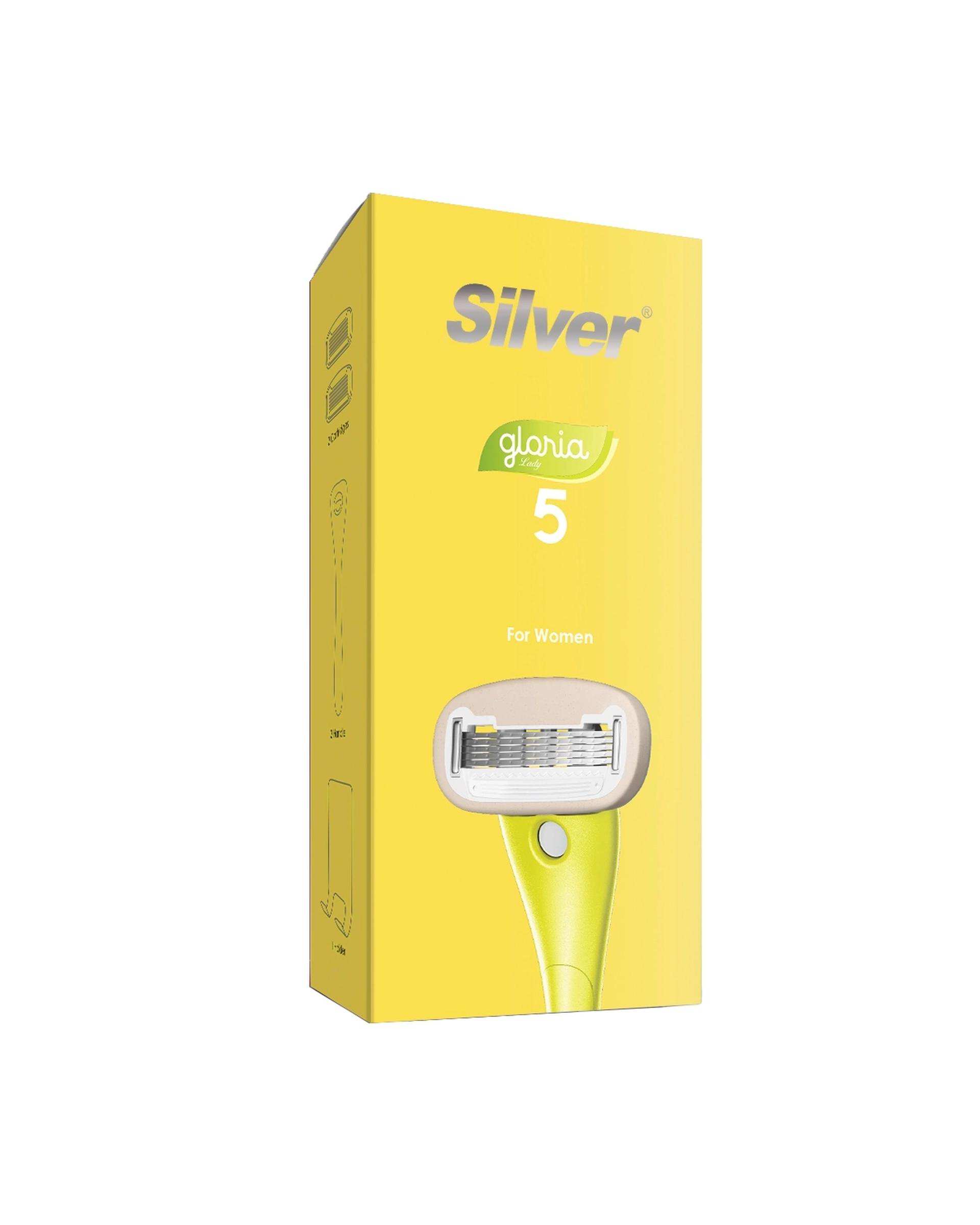 خودتراش زنانه 5 لبه زرد سیلور Silver مدل Gloria5 System دسته با 2 تیغ یدک و هوک نگهدارنده