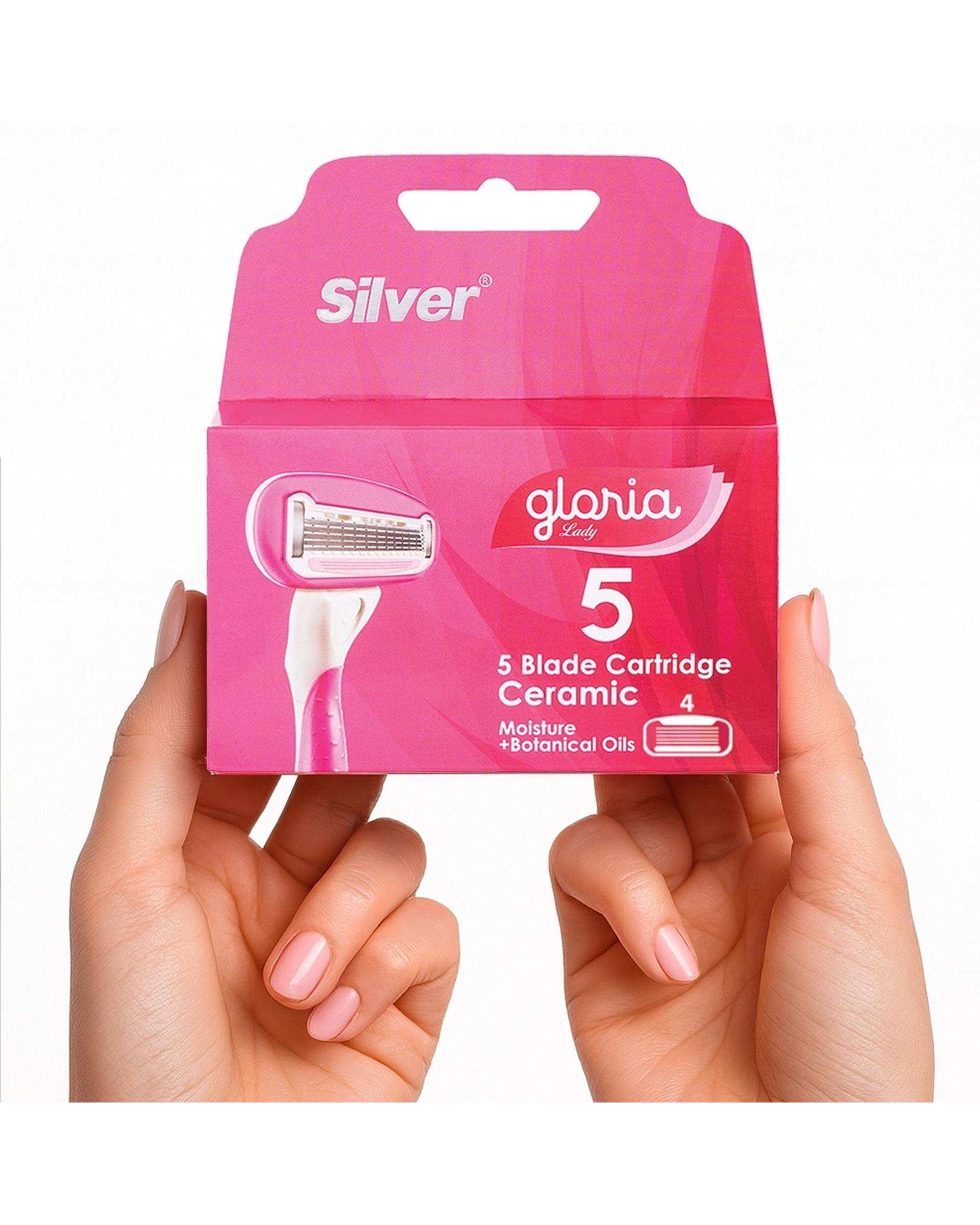 تیغ یدک زنانه 5 لبه صورتی سیلور Silver مدل Gloria5 بسته 4 عددی